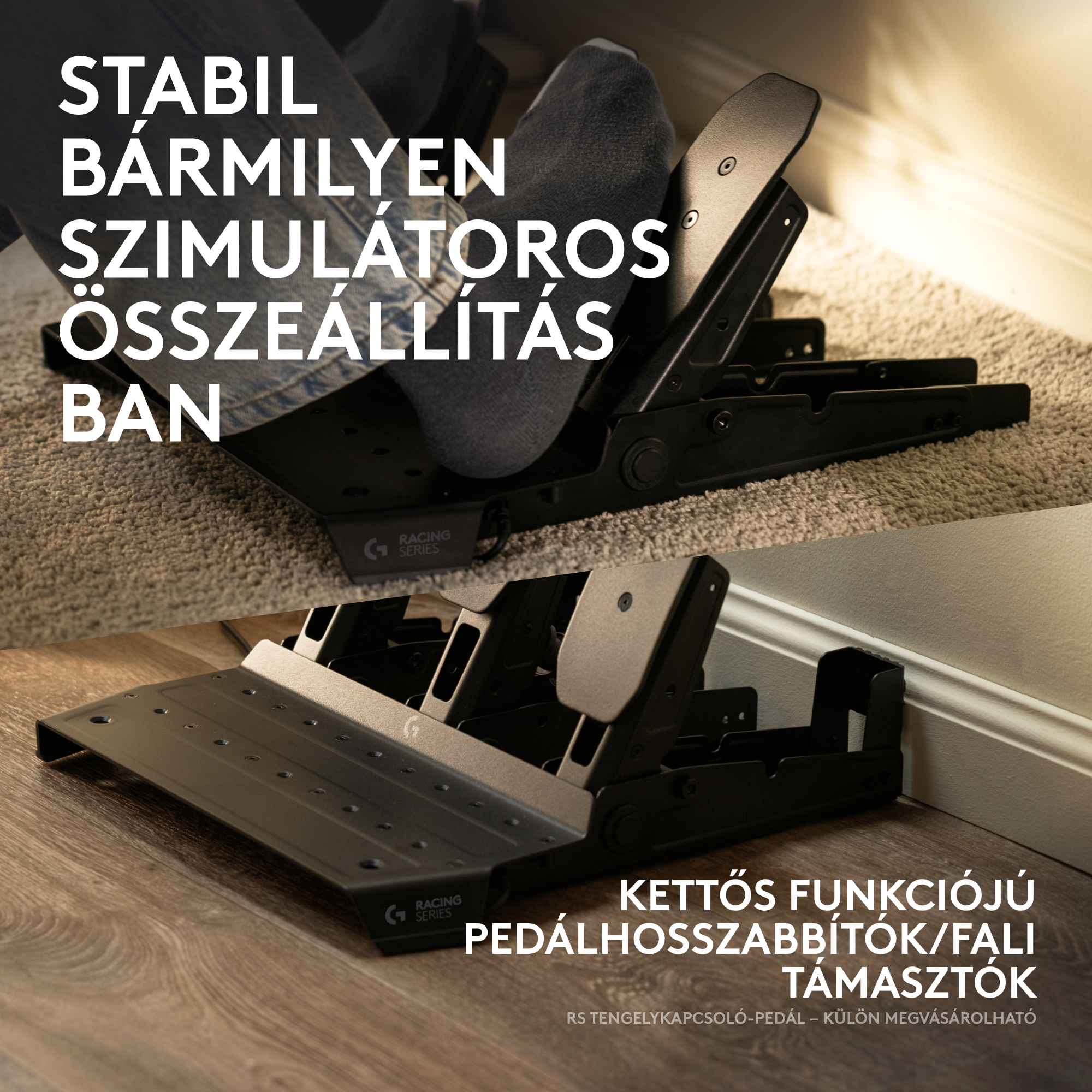 Verseny szimulátor pedálkészlet. A készlet fekete, pedálokkal és egy alappal. A szöveg azt mondja: stabil minden szimulátorhoz.