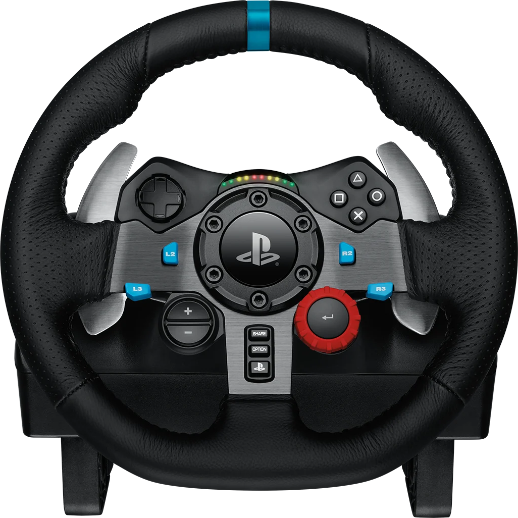Fekete-ezüst Logitech PlayStation versenykormány. Gombok, lapátok és piros tárcsa. Kék csík a tetején.