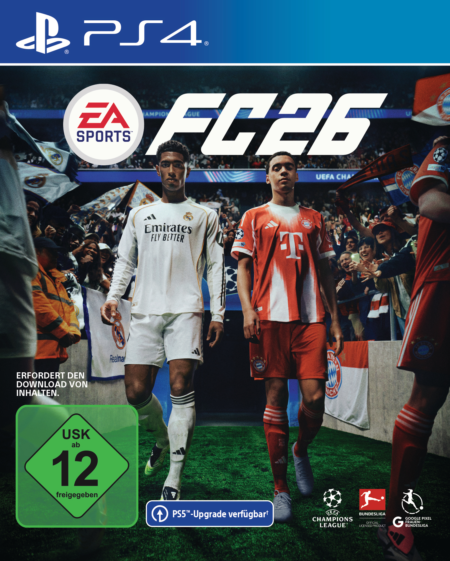 Cover des Spiels FC26. Zwei Fußballspieler stehen nebeneinander. Einer in weißem Real-Madrid-Trikot, der andere in einem roten Bayern-München-Trikot.