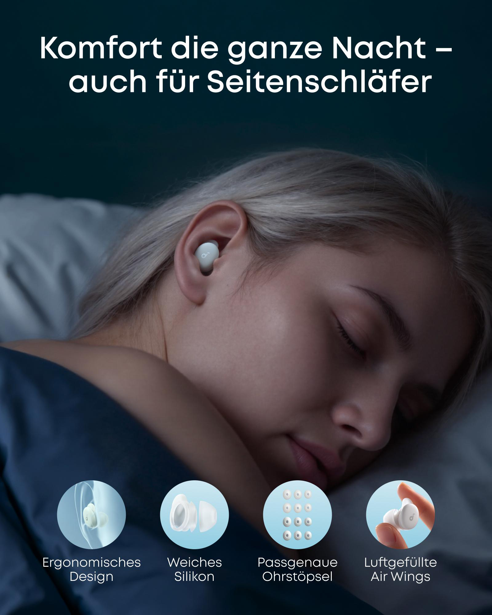 Schlafende Frau mit Ohrhörern im Ohr. Text: Komfort die ganze Nacht - auch für Seitenschläfer.