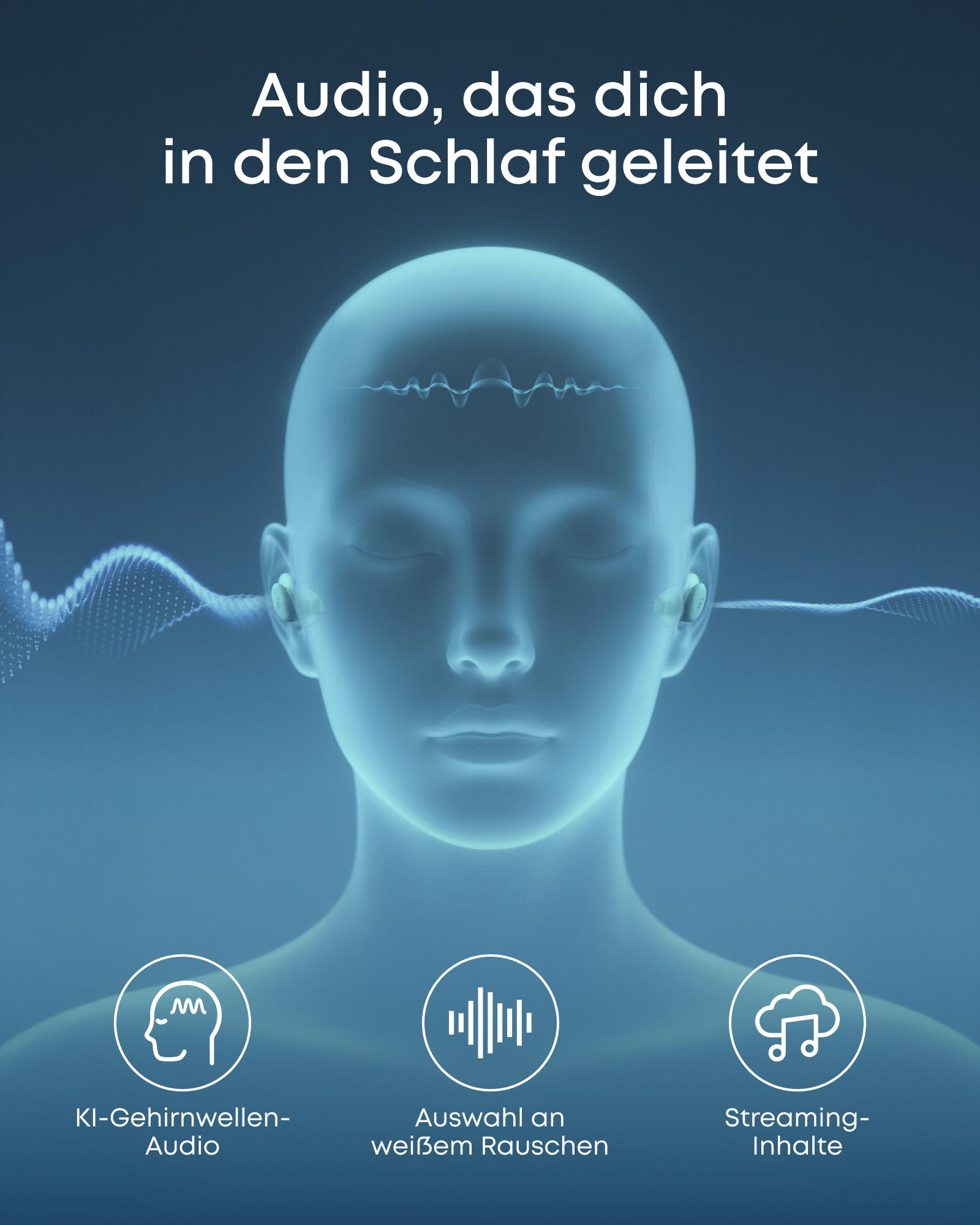Bläulich getöntes Bild zeigt einen Kopf mit Ohrhörern. Text lautet 'Audio, das dich in den Schlaf geleitet.' Icons unten.