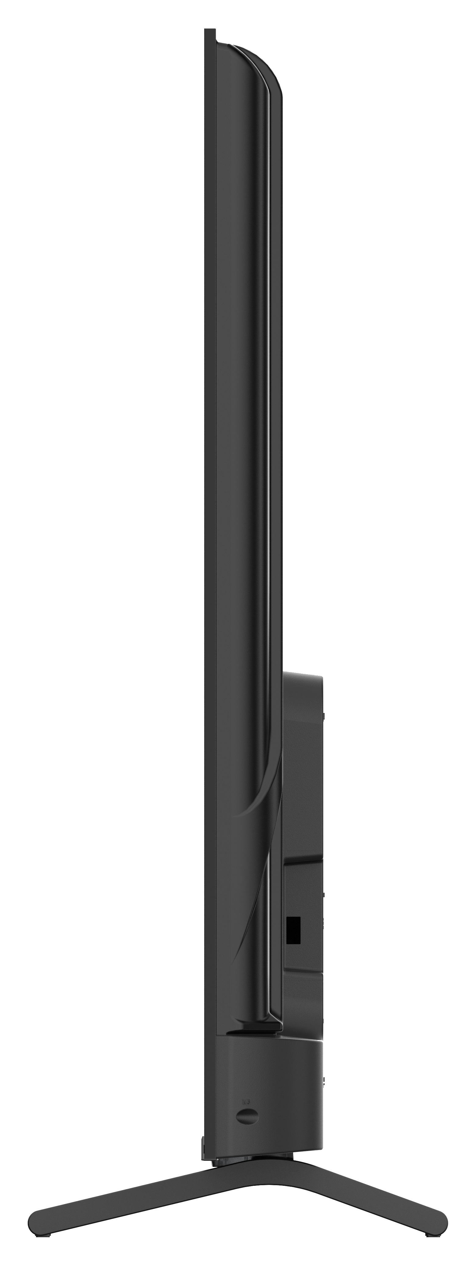 Widok z boku czarnego telewizora. Ma cienką ramkę i podstawę. Tło jest czarne.