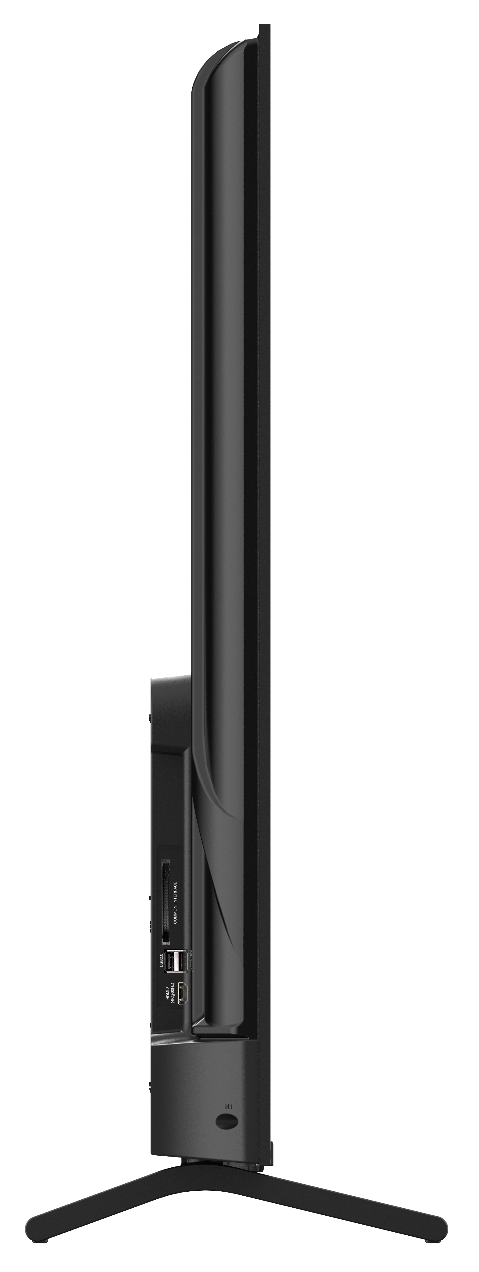 Widok z boku czarnego telewizora. Ma cienką ramkę, porty i podstawę. Tło jest czarne.