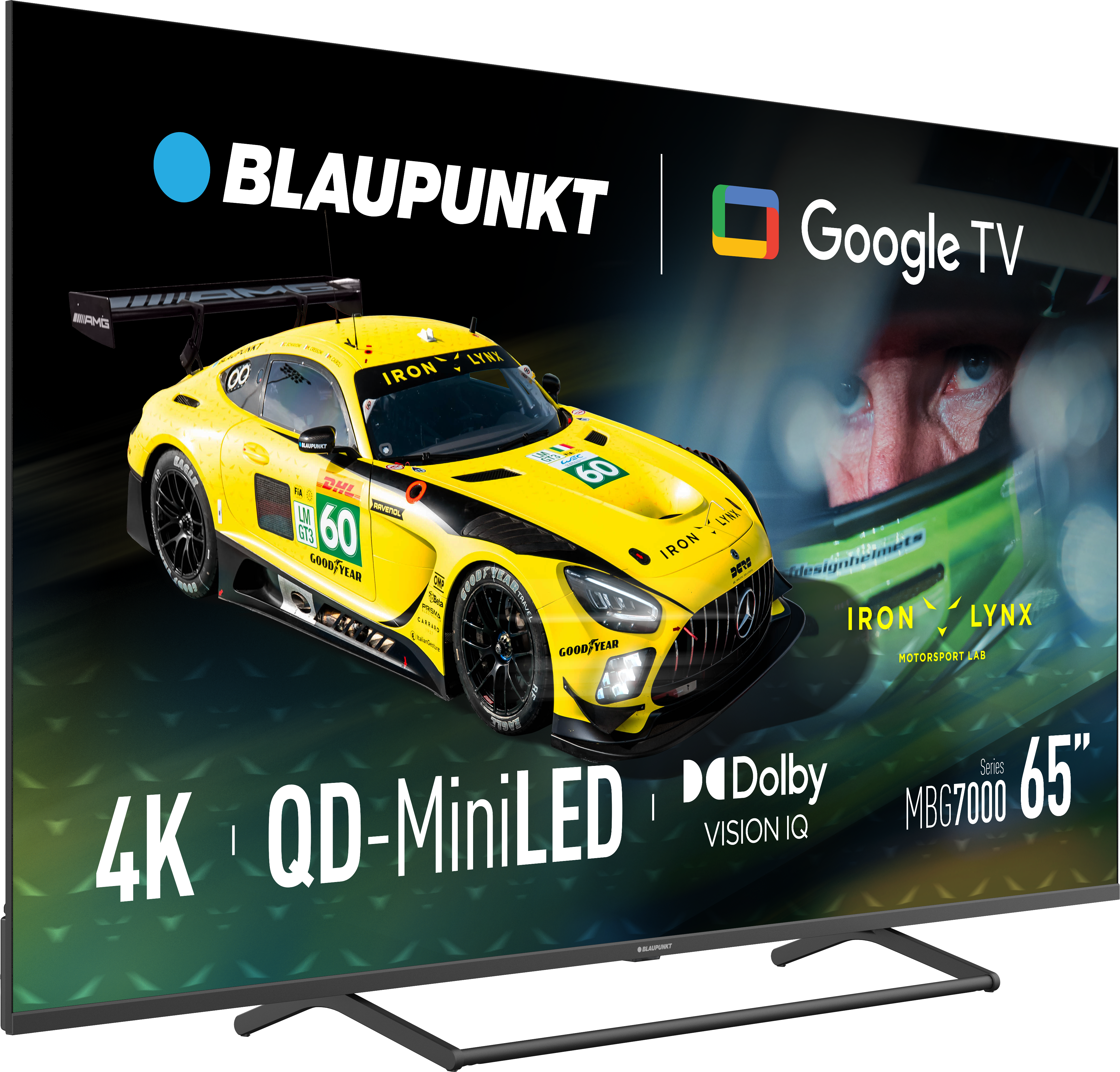 Telewizor wyświetla żółty samochód wyścigowy z logo Blaupunkt i Google TV. Specyfikacje obejmują 4K, QD-MiniLED, Dolby Vision IQ i 65 cali.