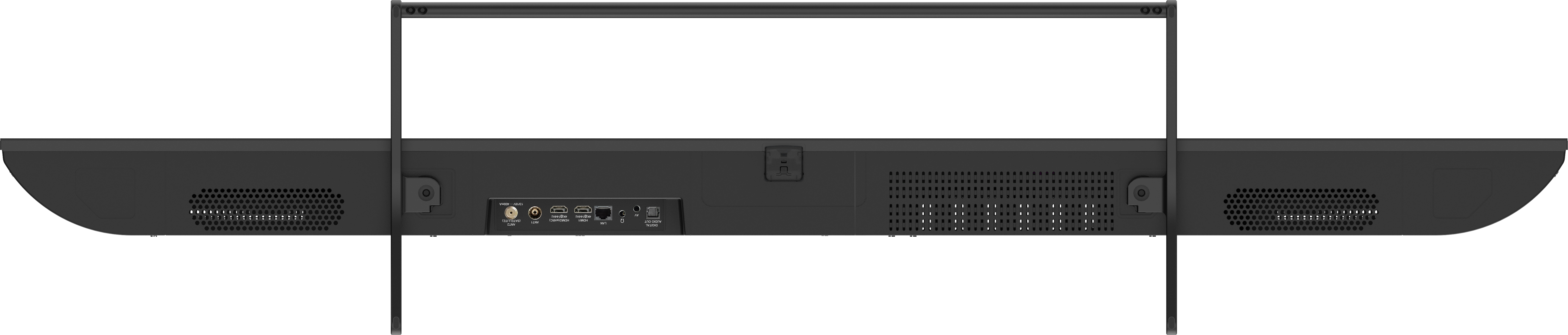 Tył ciemnoszarego telewizora. Posiada porty do różnych połączeń i otwory wentylacyjne z boku.