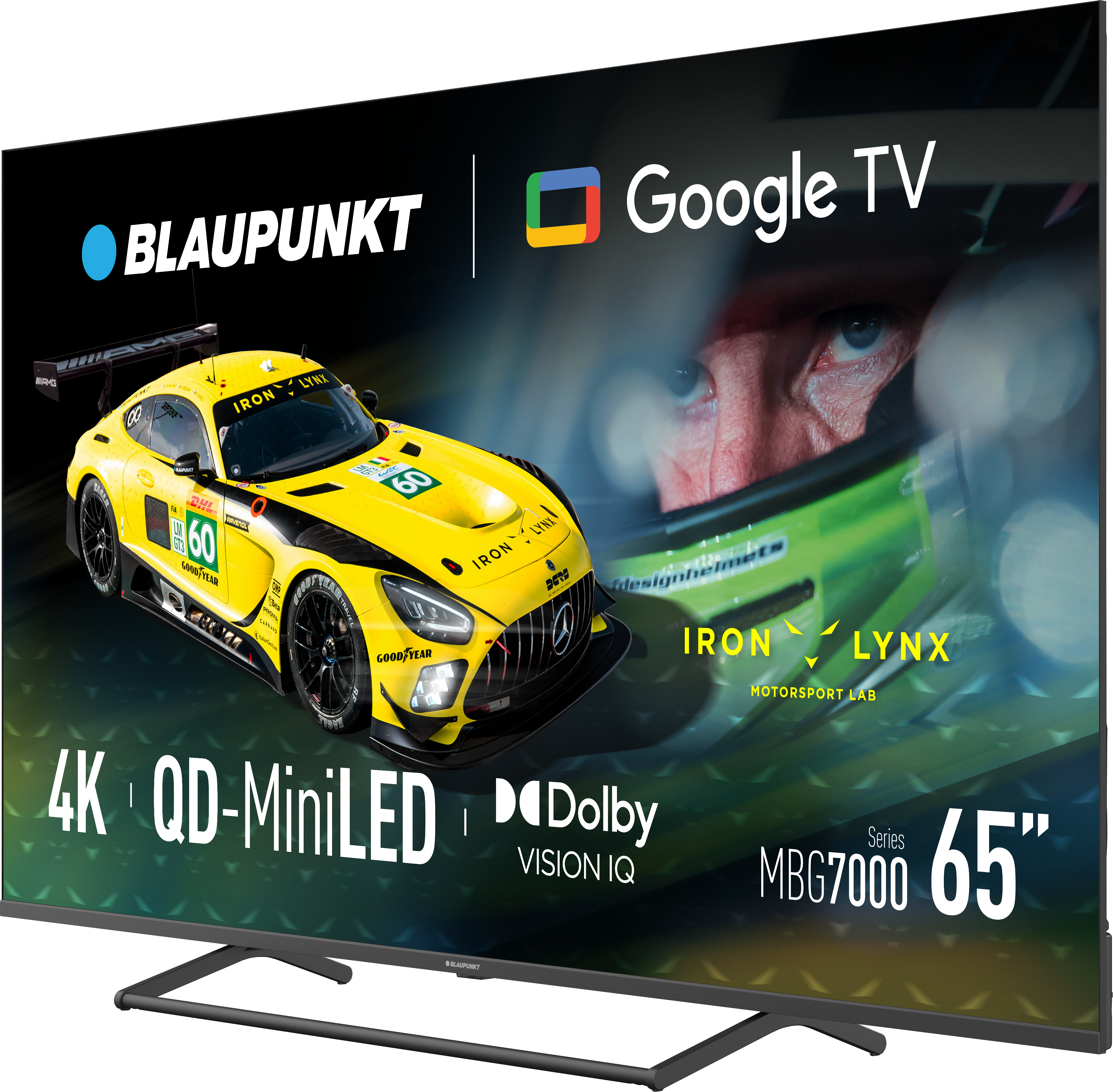 Telewizor Google TV Blaupunkt 65" wyświetla żółty samochód wyścigowy z logo Iron Lynx. Szczegóły obejmują 4K, Dolby Vision IQ i Mini LED.
