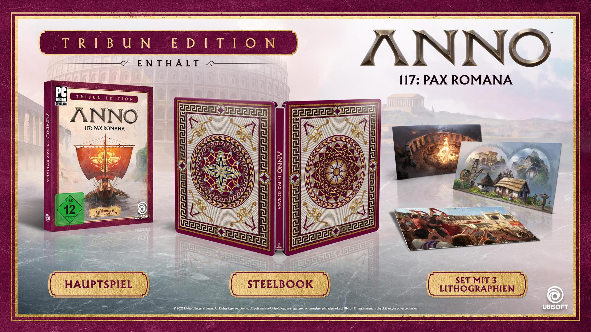 Anno 117: Pax Romana-Spielbox-Set. Enthält Spiel, Steelbook und Lithographien. Zeigt Schiff auf dem Cover, römisches Design.