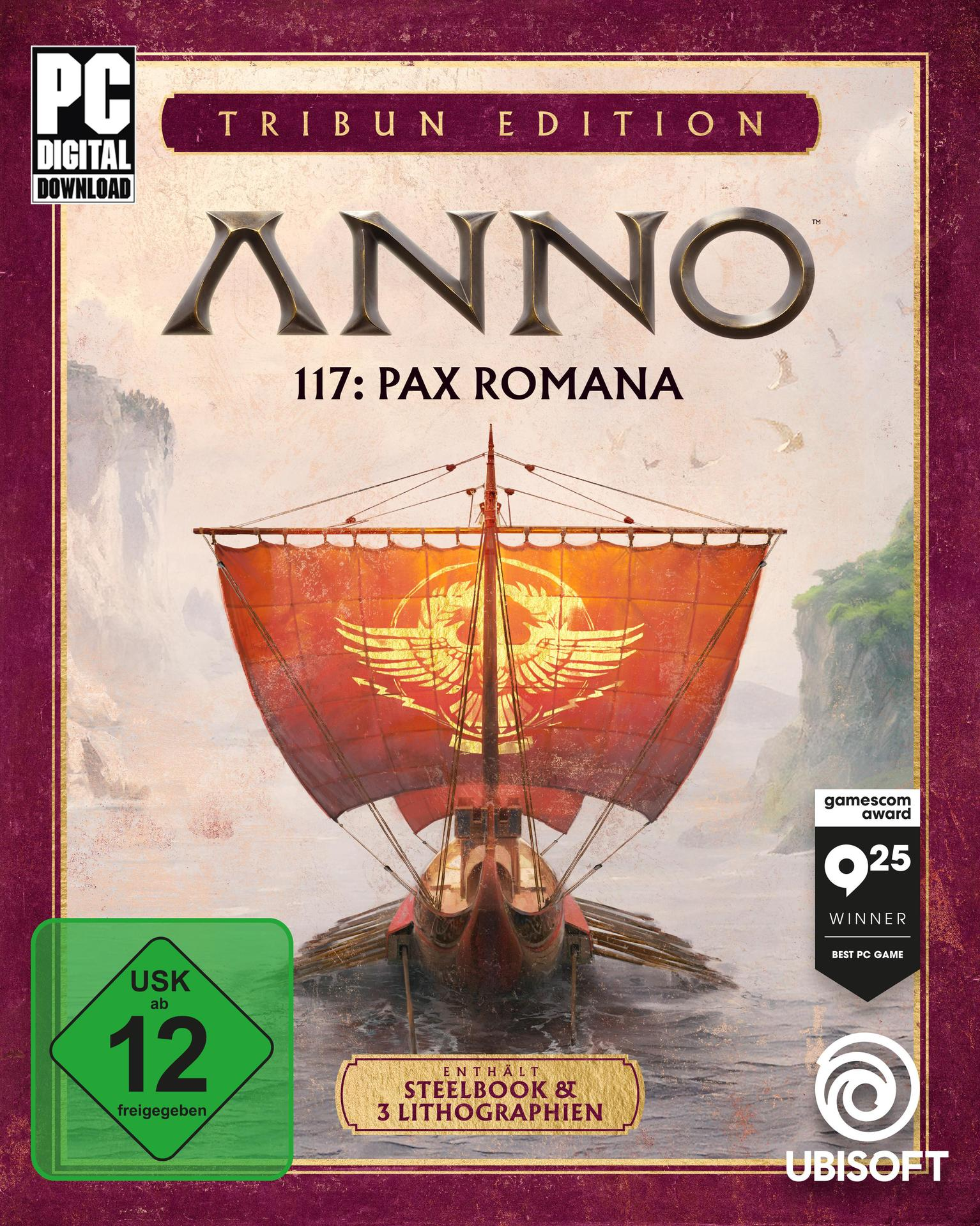 Spielcover für Anno 117: Pax Romana. Ein Schiff segelt auf dem Meer. Der Titel ANNO steht über dem Schiff, mit dem Ubisoft-Logo unten.