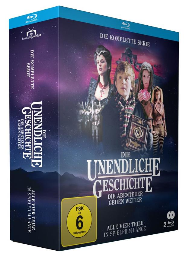 Blu-ray-Box-Set für Die unendliche Geschichte. Enthält Charaktere aus dem Film, den Titel und ein Bewertungssymbol. Dunkelblauer Hintergrund.