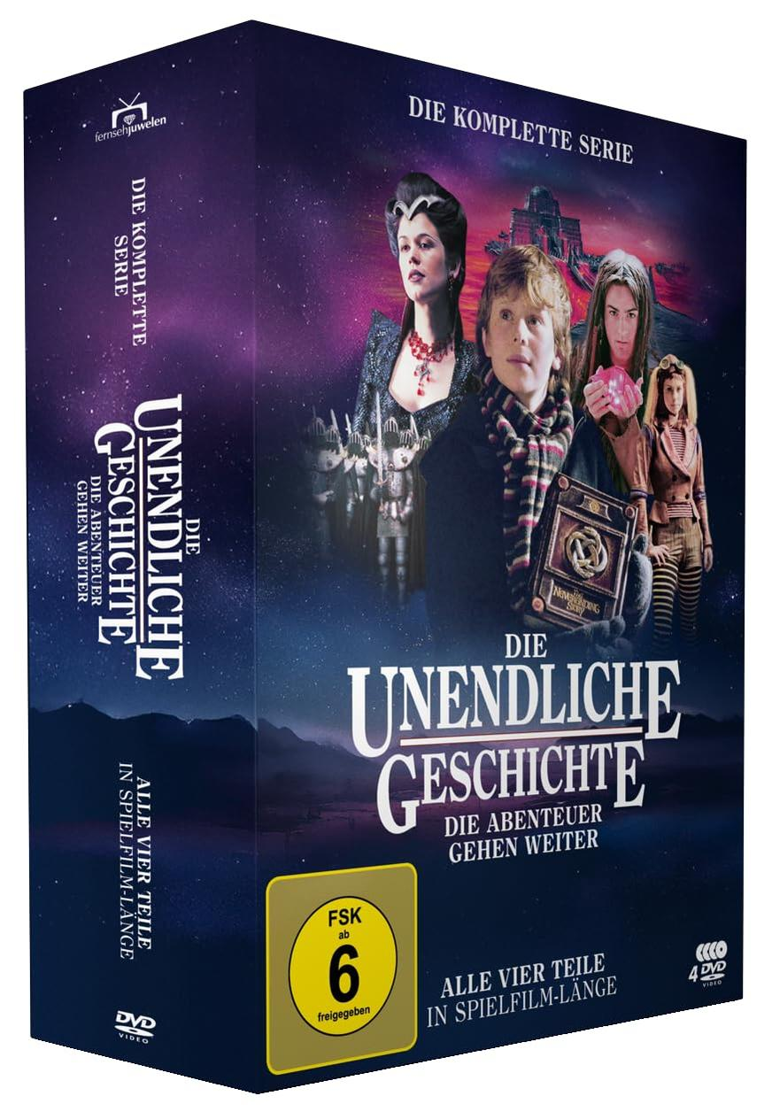 DVD-Box-Set von 'Die unendliche Geschichte'. Enthält Charaktere aus dem Film, mit Titeltext auf Deutsch. Die Box ist mit FSK 6 bewertet.