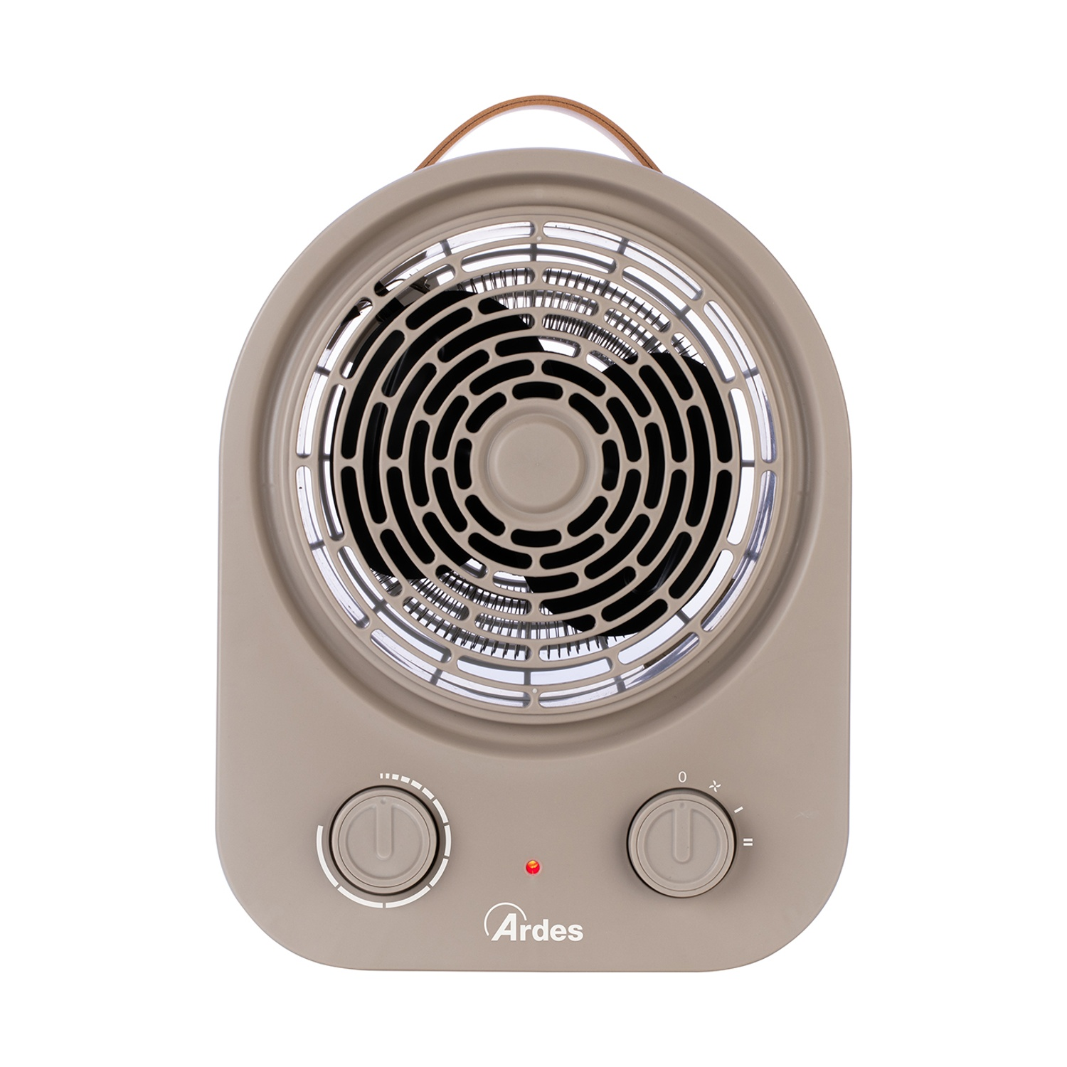 Un termoventilatore beige con ventola circolare, due manopole di controllo e una luce rossa. Ha una maniglia marrone.