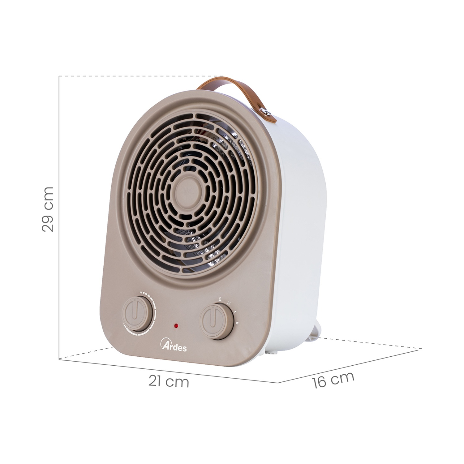 Un termoventilatore elettrico Ardes beige e bianco. Dimensioni: 29x21x16 cm. Con maniglia marrone e due manopole. Il logo Ardes è visibile.