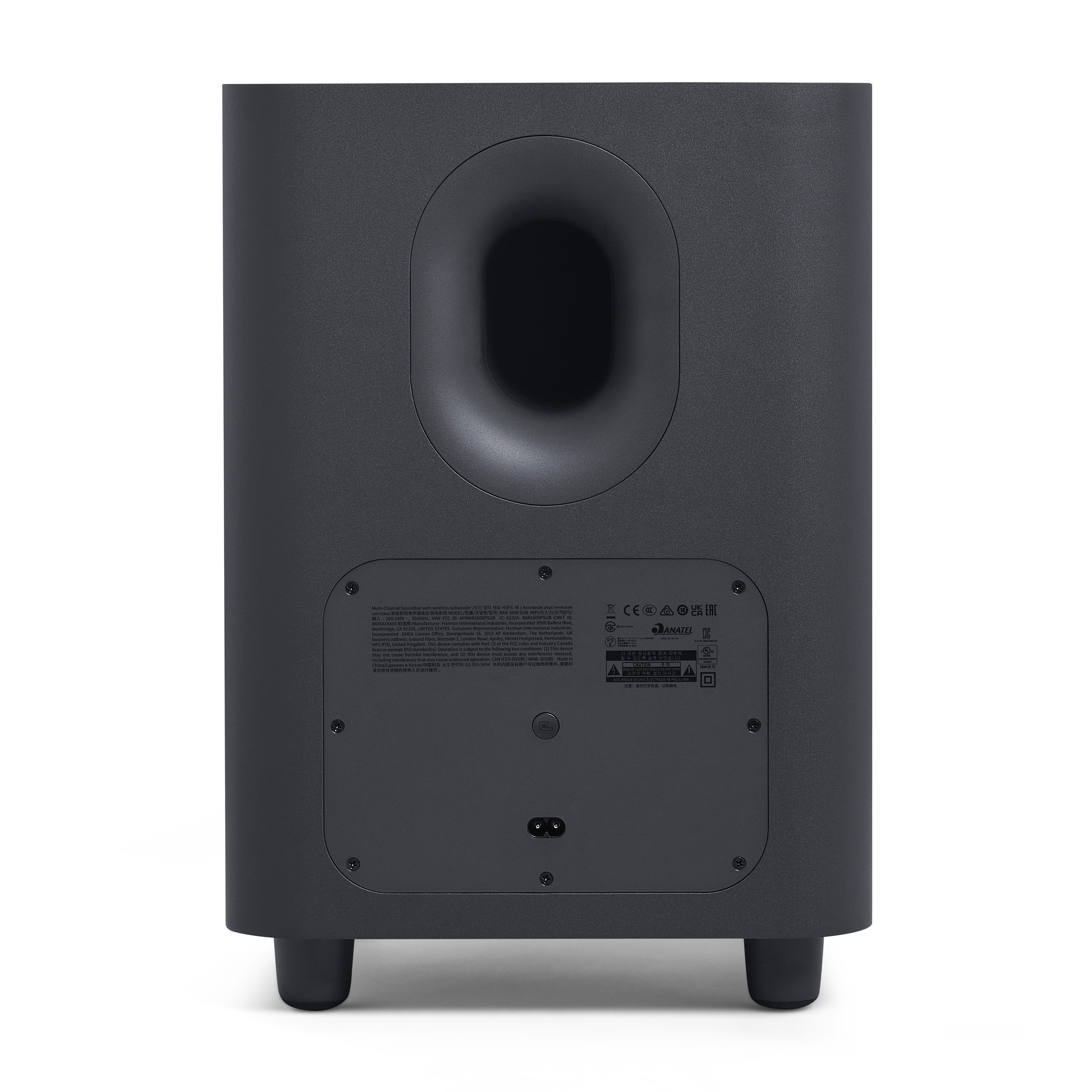 Rückansicht eines schwarzen Subwoofers. Er hat einen großen Anschluss, Anschlussfeld und regulatorische Informationen.