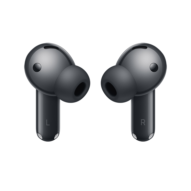 Dwa ciemnoszare bezprzewodowe słuchawki douszne, oznaczone 'L' i 'R', na białym tle. Mają zaokrąglony kształt z czarnymi końcówkami.