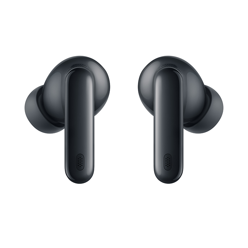 Dwa czarne bezprzewodowe słuchawki na białym tle. Każda słuchawka ma długą nóżkę i zaokrągloną końcówkę.