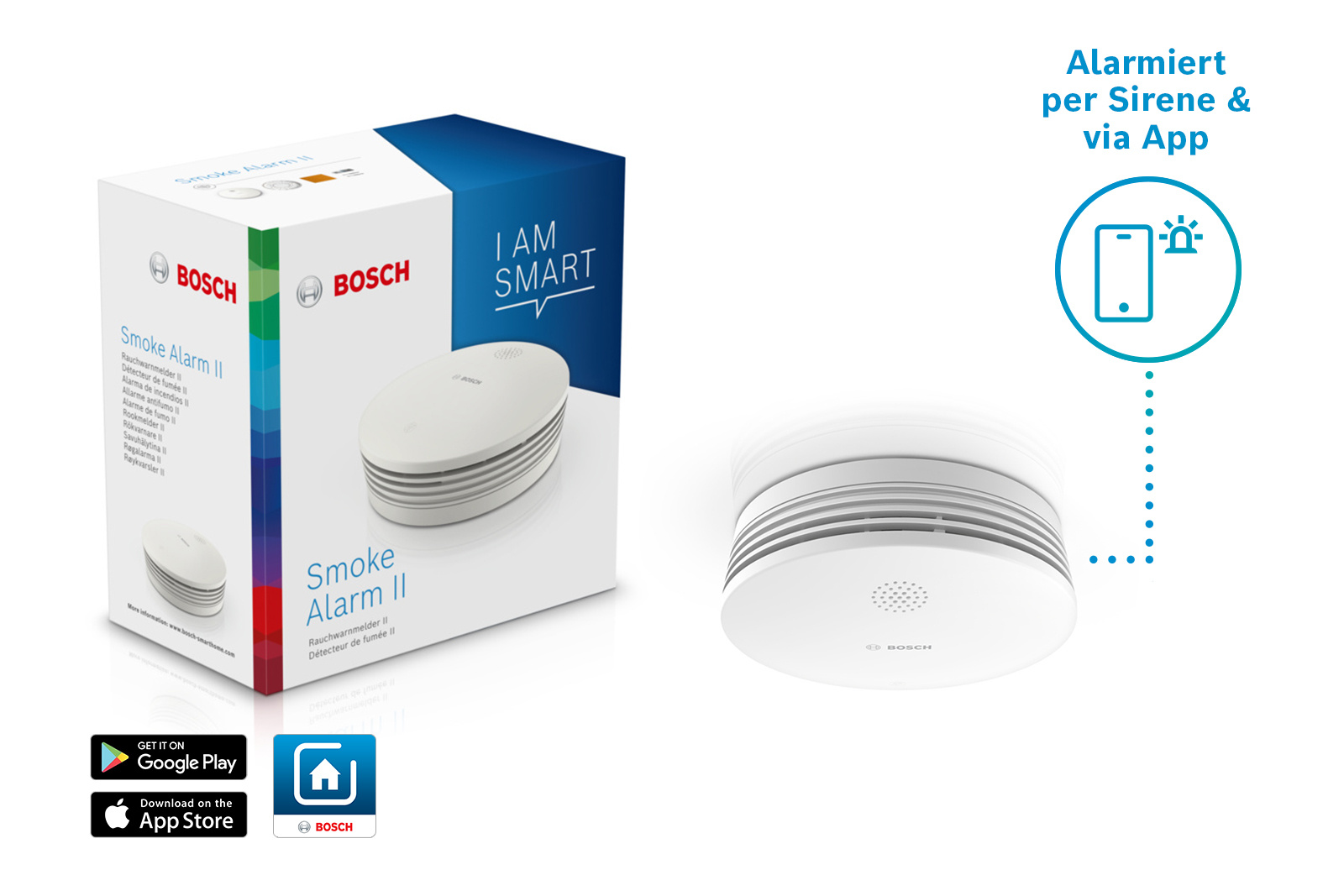Ein weißer Bosch-Rauchmelder und seine Box. Auf der Box steht 'Smoke Alarm II'. Ein Telefonsymbol zeigt App-Konnektivität an.