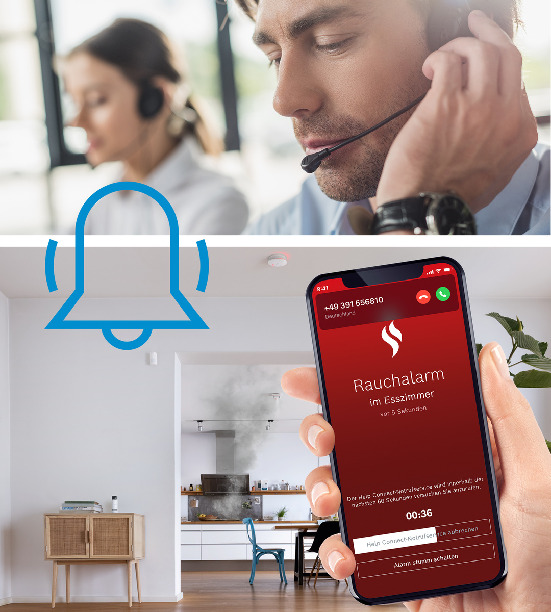 Eine Person hält ein Telefon mit einer Feueralarm-App. Rauch im Hintergrund und zwei Personen mit Headsets oben.