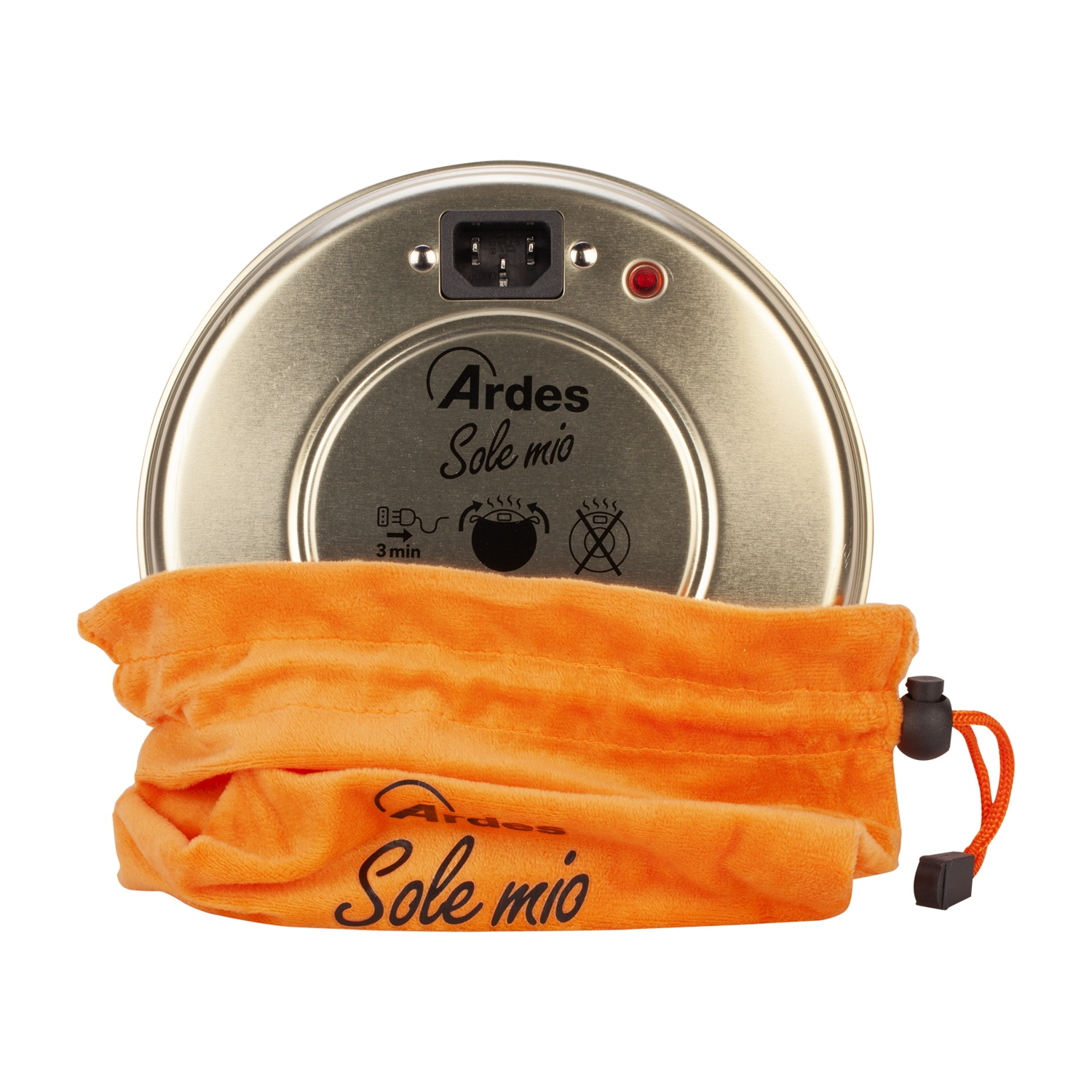 Un elettrodomestico riscaldante argentato con la scritta "Ardes Sole mio" e un sacchetto arancione con coulisse.