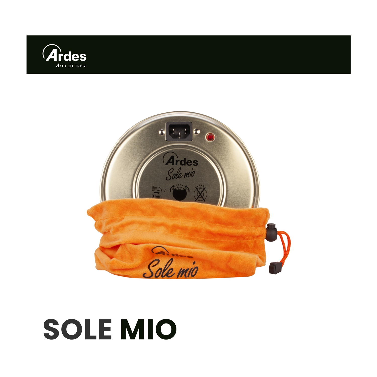 Foto prodotto: riscaldatore metallico con sacchetto arancione. Testo 'Sole Mio'. Marchio 'Ardes' in alto.
