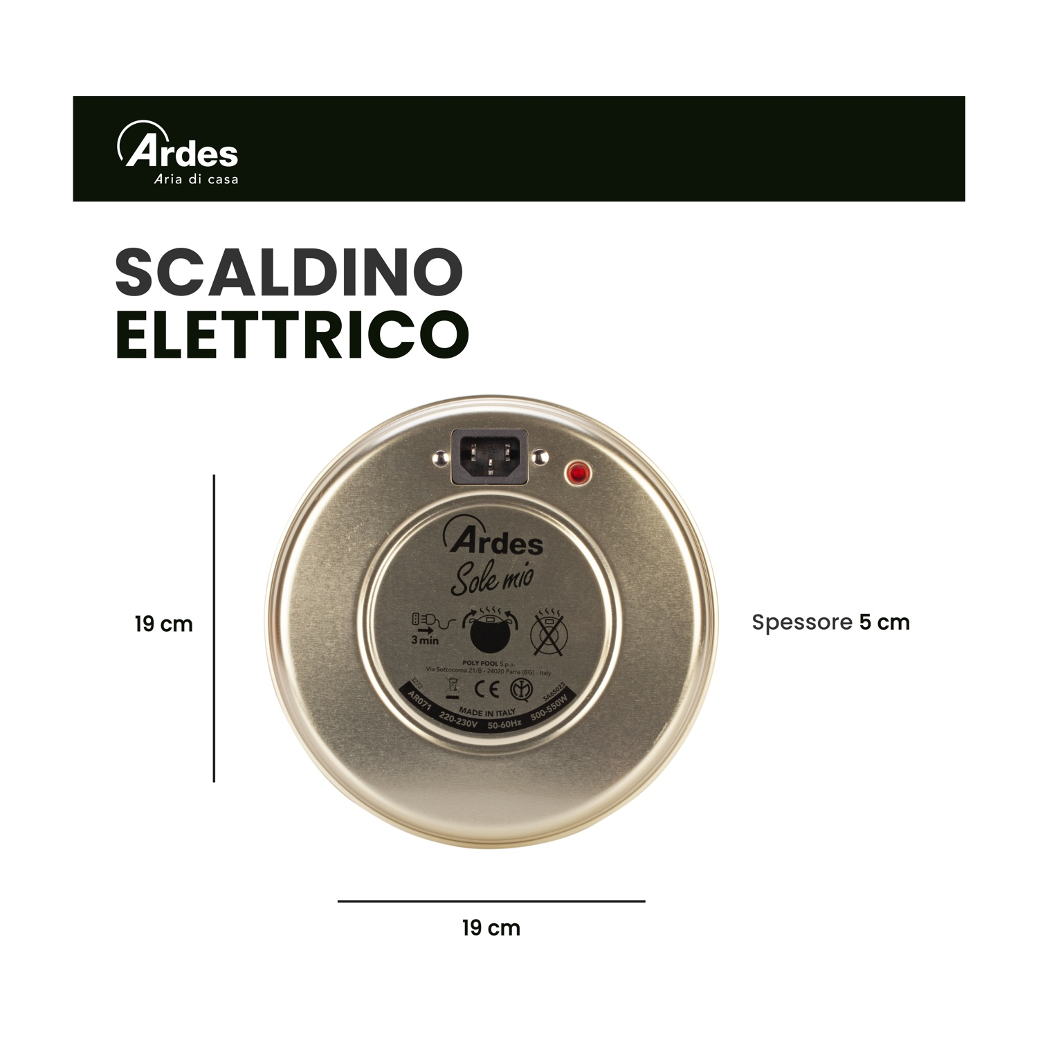 Un scaldino elettrico dorato con cavo di alimentazione. Il testo include 'SCALDINO ELETTRICO' e 'Ardes'.