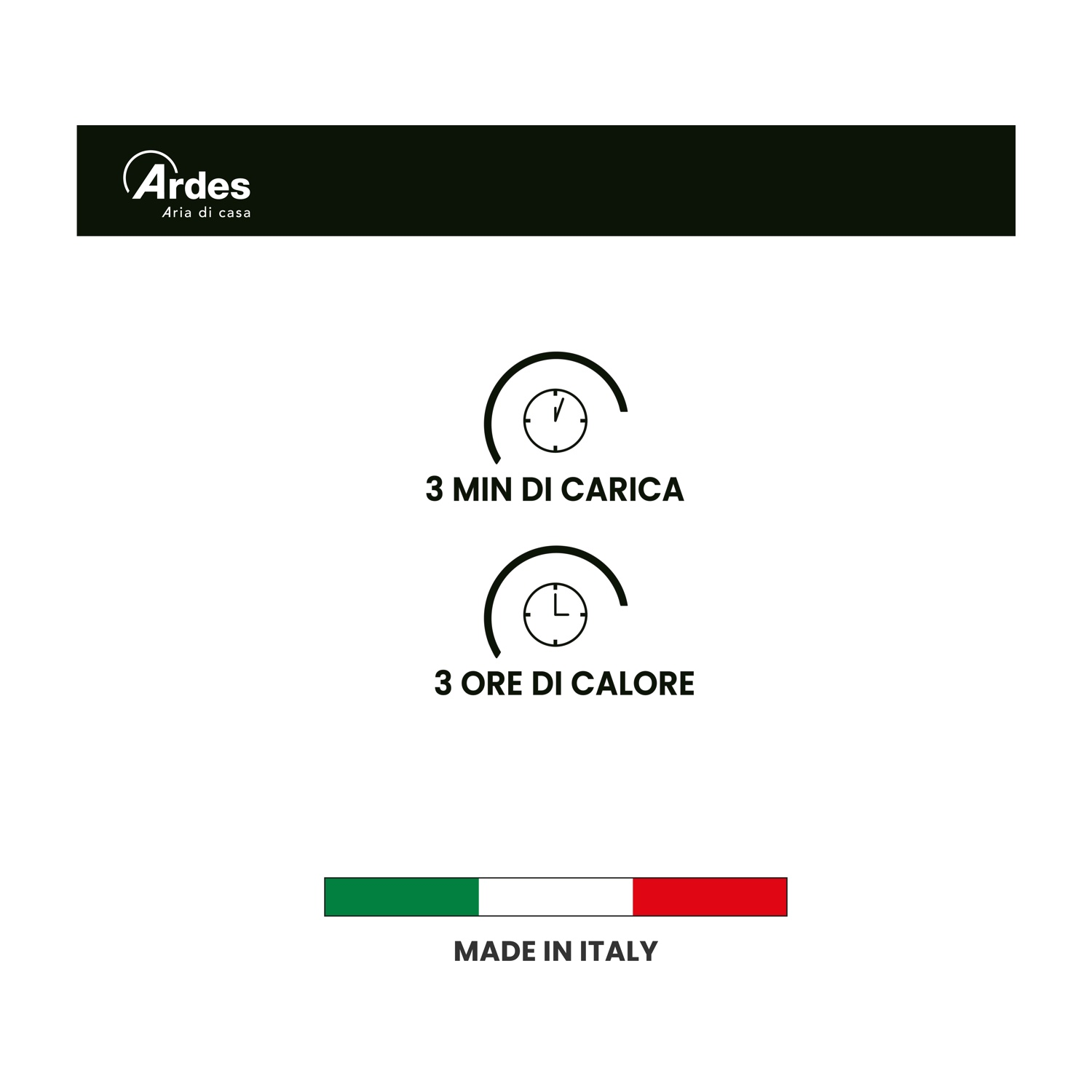 Sfondo bianco con logo Ardes, testo che indica 3 min di carica e 3 ore di calore. Barra verde-rossa e testo Made in Italy.