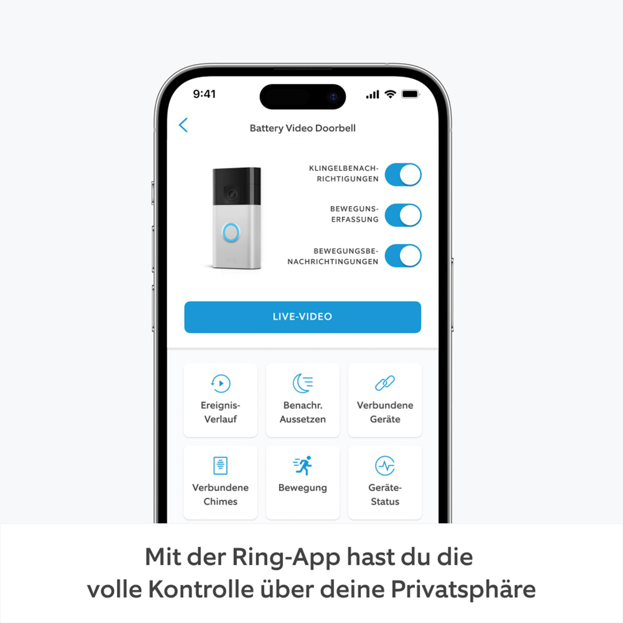 Smartphone-Bildschirm mit einer App-Oberfläche für eine Video-Türklingel mit Einstellungen und Live-Video-Optionen.