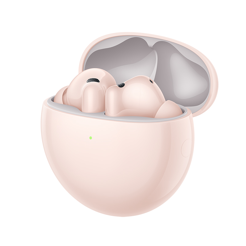 Różowe bezprzewodowe słuchawki w otwartym etui ładującym. Etui jest owalne, a słuchawki są w środku. Świeci się zielone światło.