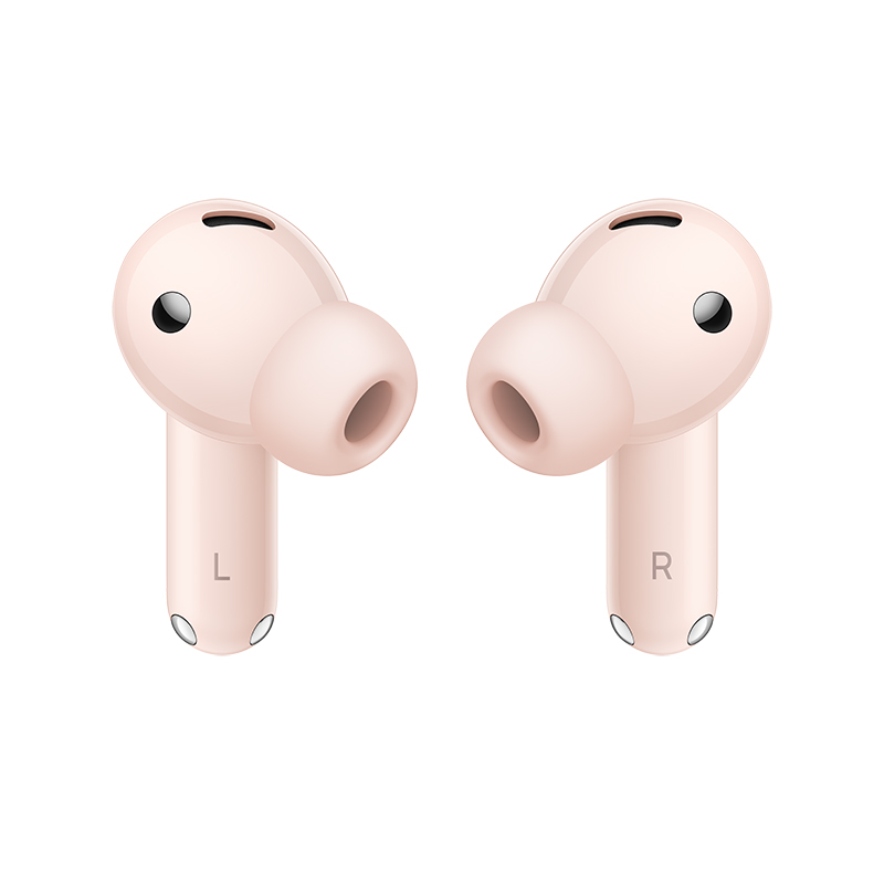 Dwa różowe bezprzewodowe słuchawki, oznaczone 'L' i 'R'. Każda ma małą czarną kropkę i otwór na ucho. Białe tło.