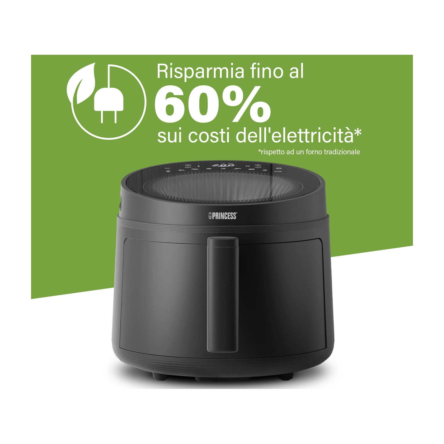 Una friggitrice ad aria nera con manico è mostrata davanti a uno sfondo verde con testo sul risparmio sui costi dell'elettricità.