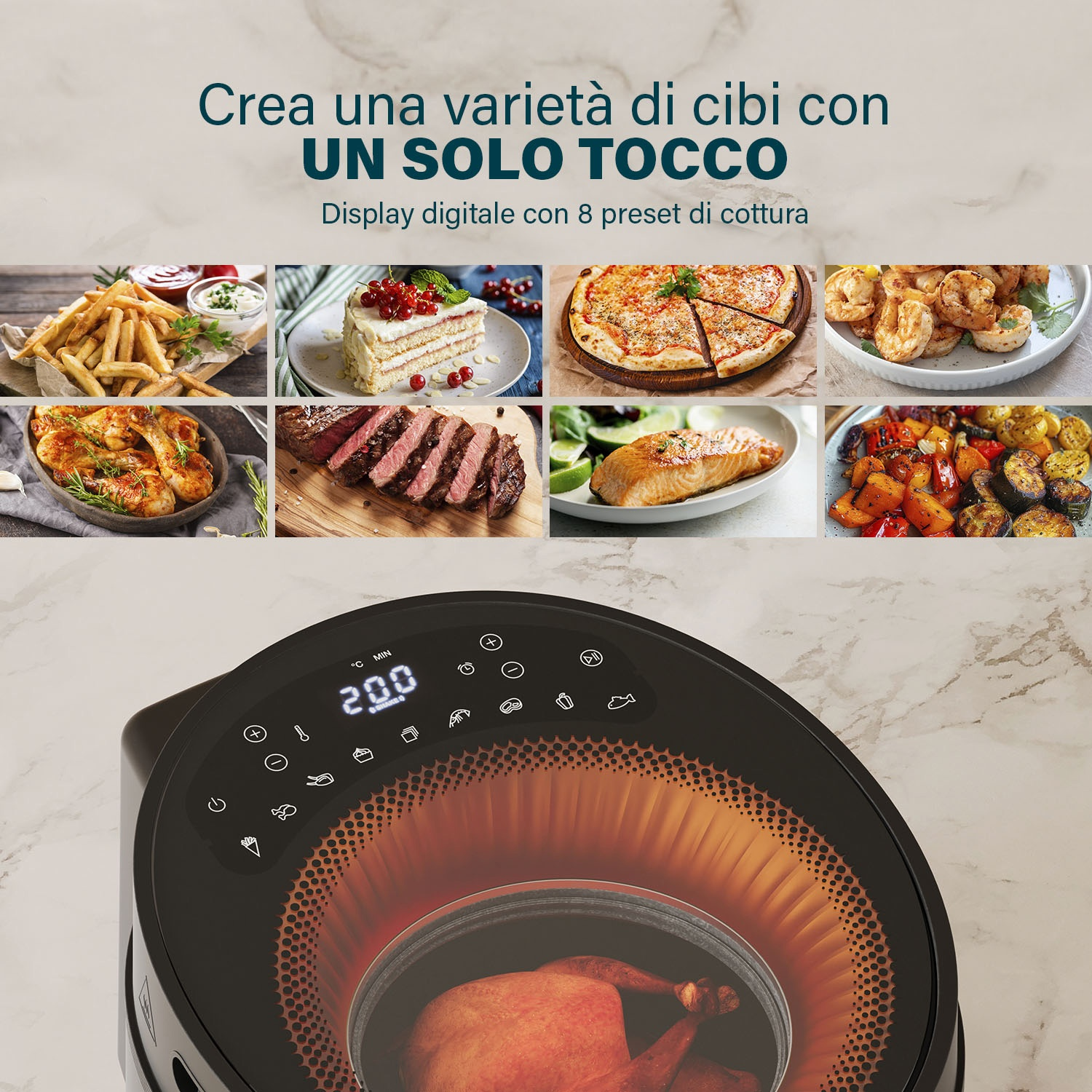Una friggitrice ad aria con vari cibi cotti visualizzati sopra. Include patatine fritte, pizza, torta, bistecca, salmone e verdure arrosto.