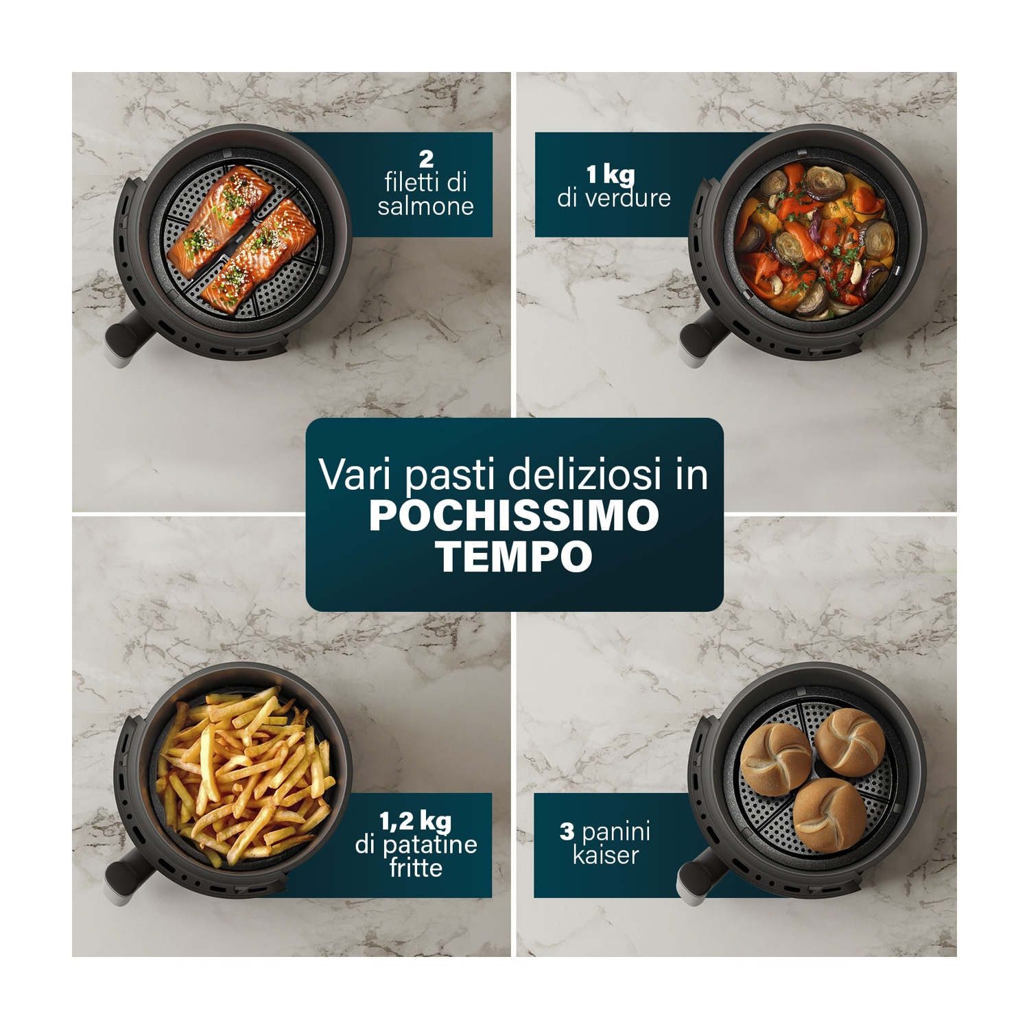 Una friggitrice ad aria con filetti di salmone, verdure, patatine fritte e panini Kaiser. Testo: Vari pasti deliziosi in pochissimo tempo.