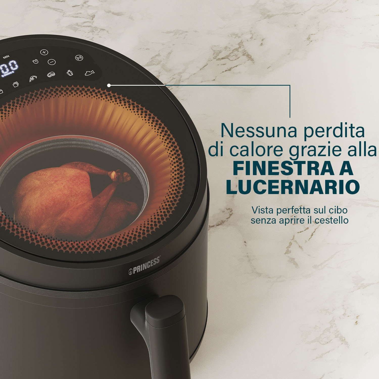 Una friggitrice ad aria con un pollo cotto visibile attraverso una finestra. Testo: 'Nessuna perdita di calore grazie alla finestra'.