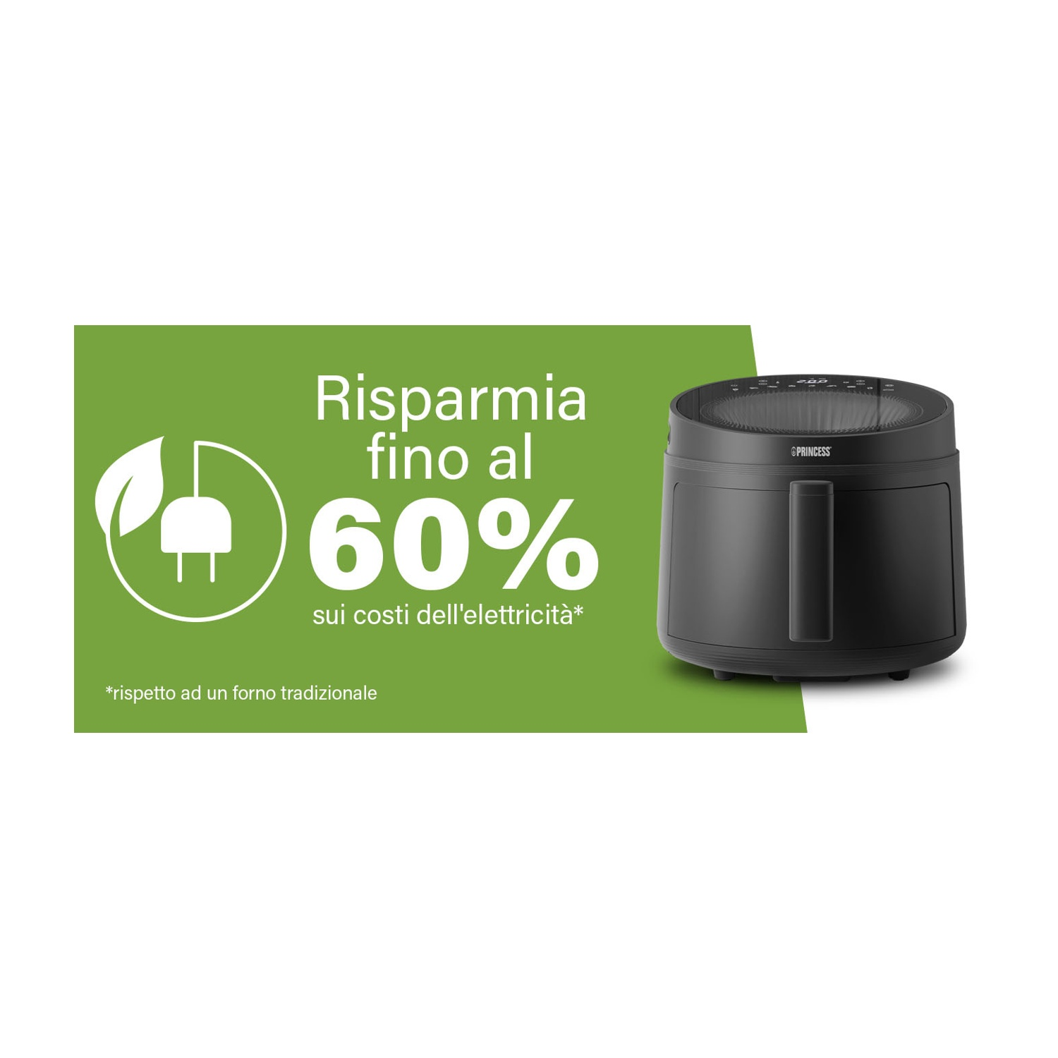 Una friggitrice ad aria Princess nera si trova a destra di uno striscione verde con testo. Il testo recita 'Risparmia fino al 60% sui costi dell'elettricità'.