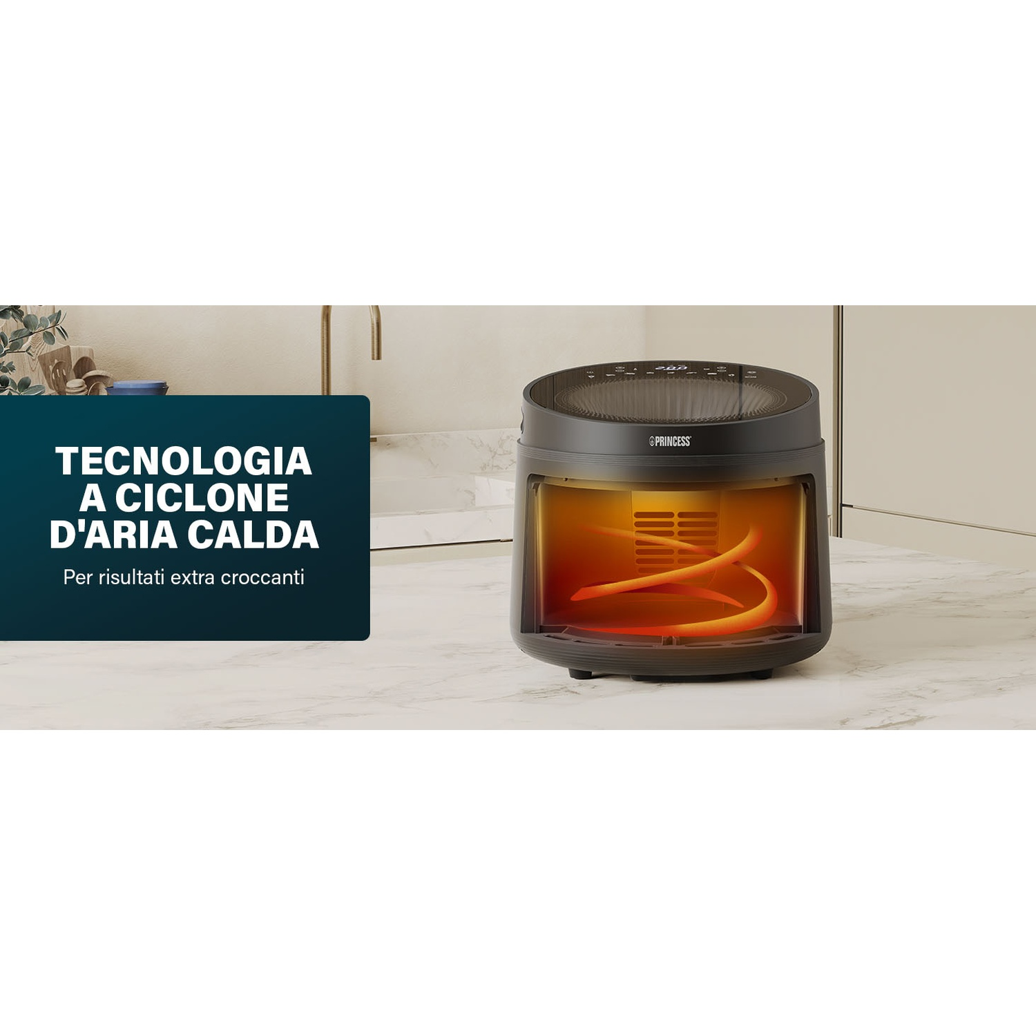 Friggitrice ad aria Princess nera con finestra trasparente. All'interno, un elemento riscaldante brilla di arancione. Testo su scatola blu-verde: 'Tecnologia a ciclone d'aria calda'.