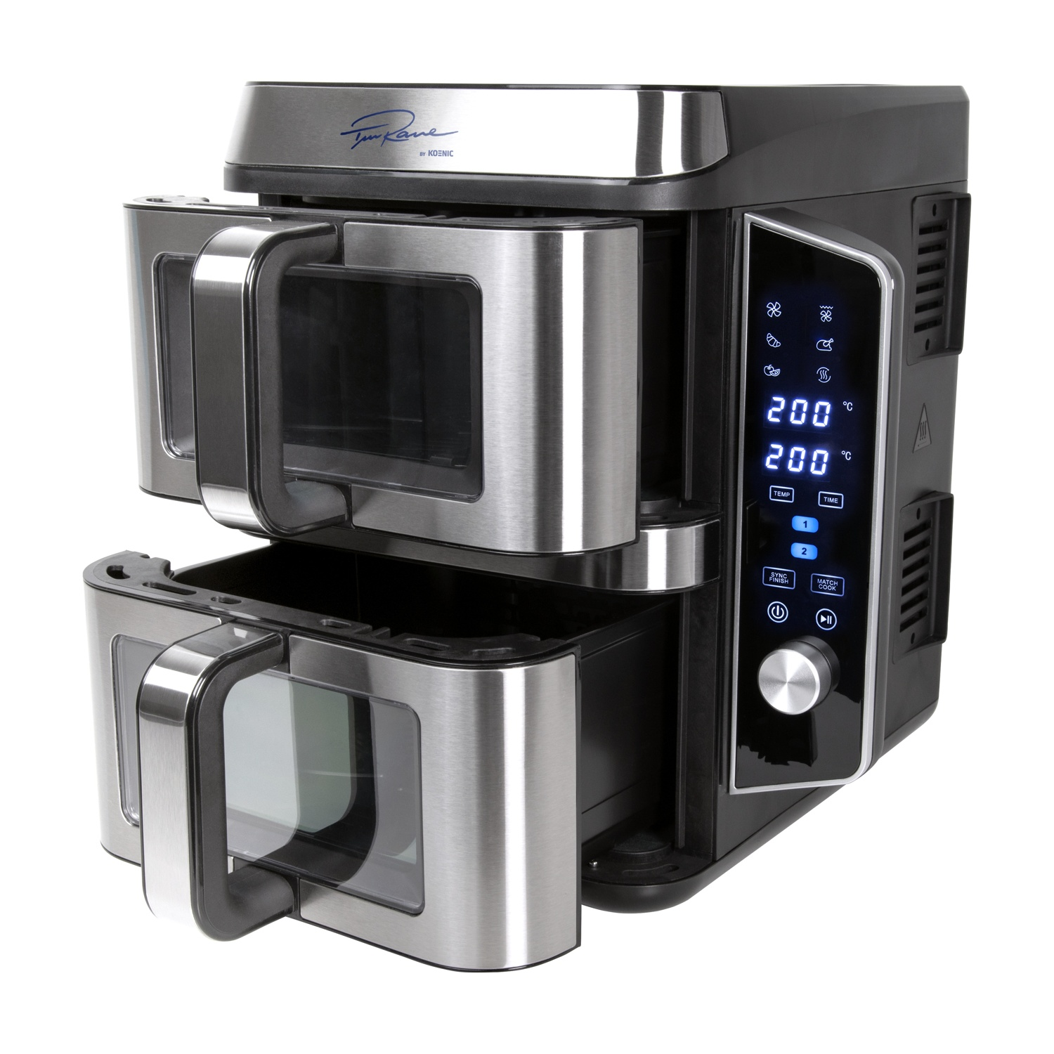 Una friggitrice ad aria con due cassetti, finitura in acciaio inox, display digitale della temperatura e pulsanti di controllo.