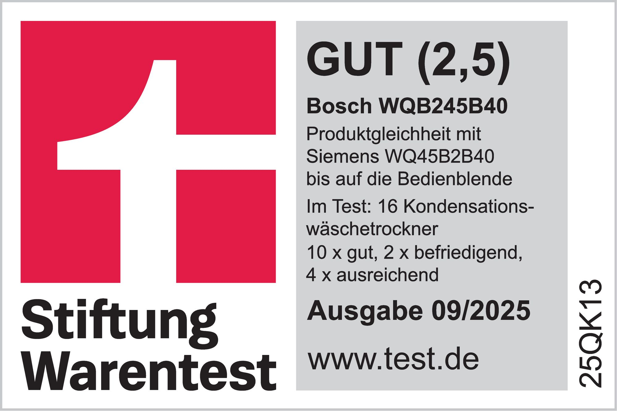 Logo der Stiftung Warentest. Rotes Quadrat mit weißem Pluszeichen. Text: GUT (2,5). Produktinfo und Testergebnisse für einen Trockner.