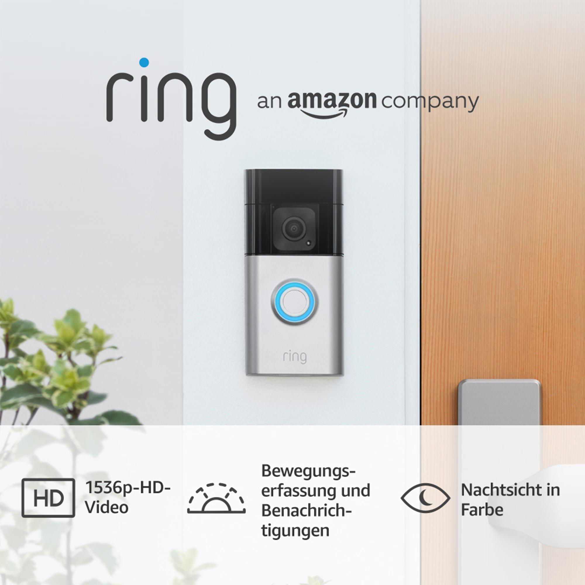 Eine Ring-Video-Türklingel an einer weißen Wand mit Amazon-Logo. Zu den Funktionen gehören HD-Video, Bewegungserkennung und Nachtsicht.