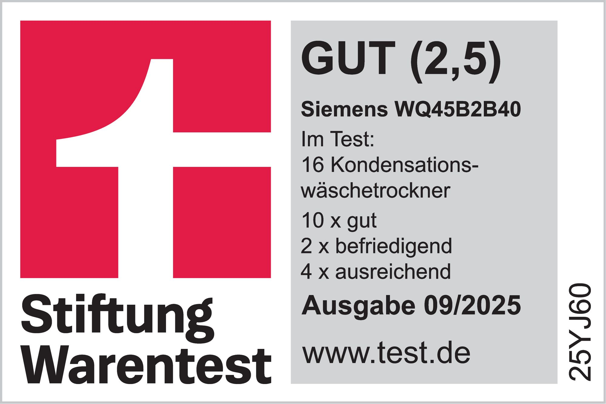 Ein rot-weißes Logo mit Text 'Stiftung Warentest' und Bewertungsinformationen für einen Siemens-Trockner, einschließlich der Note 'GUT (2,5)'.