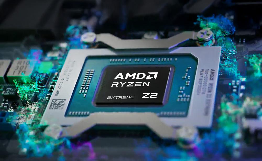 Nahaufnahme eines AMD Ryzen Extreme Z2 Prozessors auf einer Platine. Der Prozessor hat eine schwarze Oberfläche mit weißem Text.