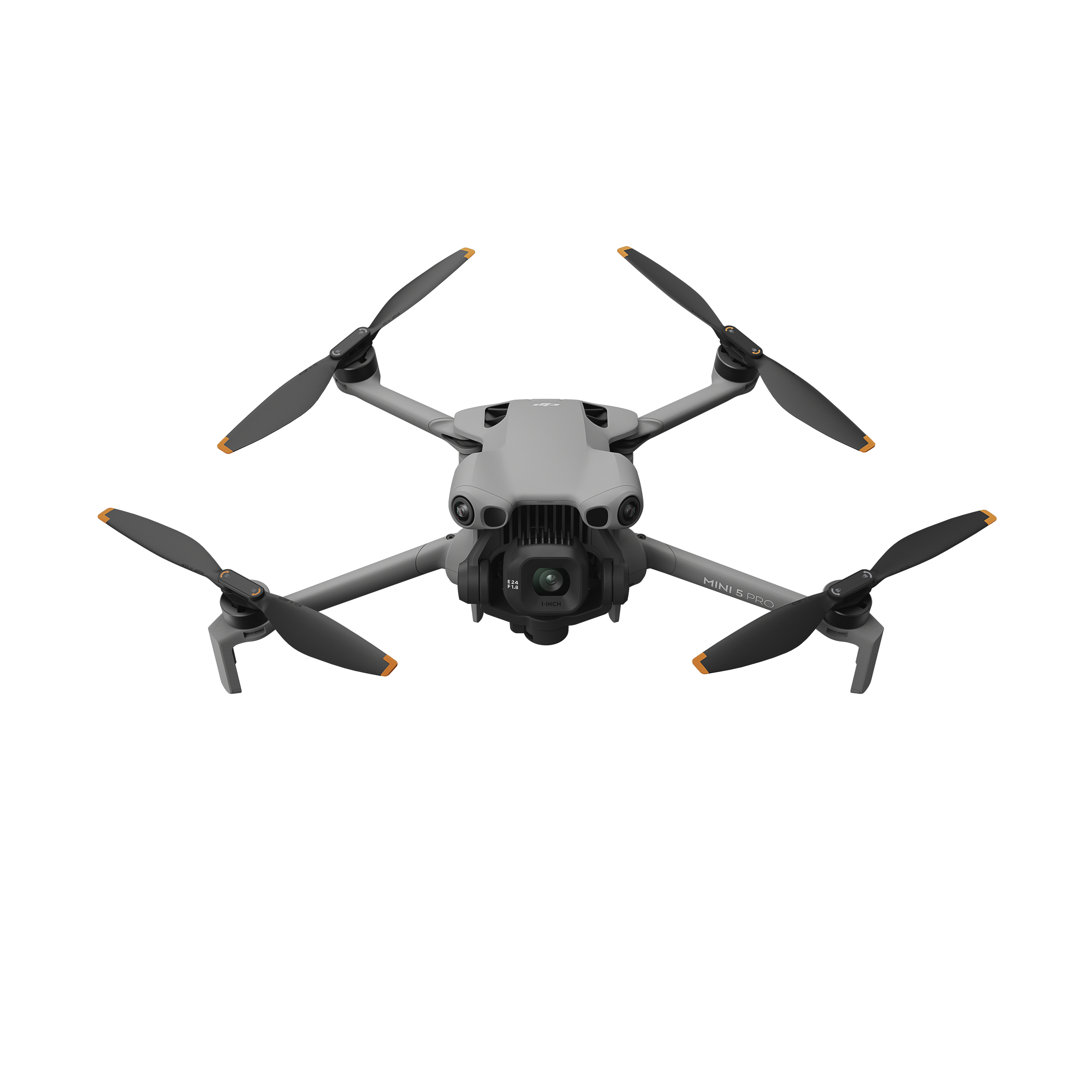 Eine graue Drohne mit vier schwarzen Propellern mit orangefarbenen Spitzen, zentriert auf weißem Hintergrund.