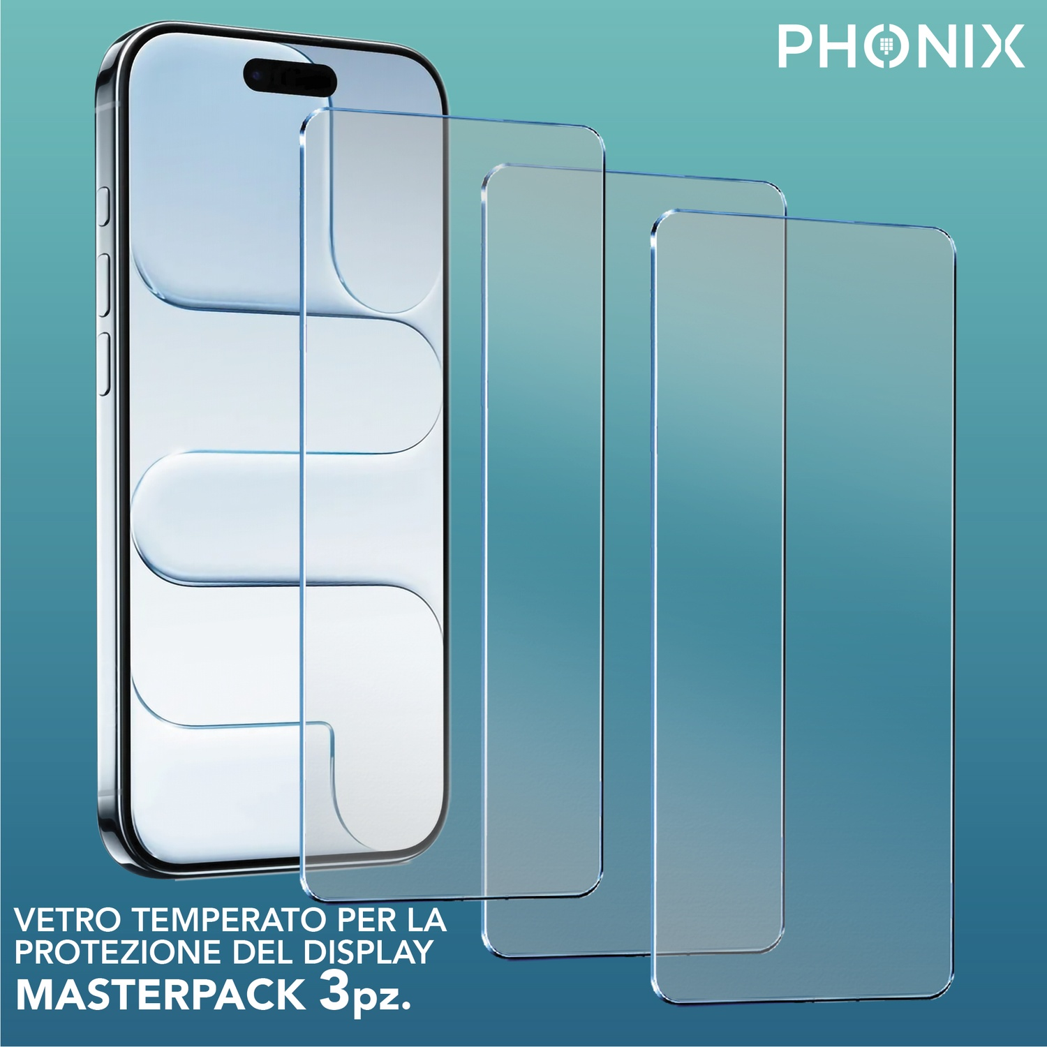 Uno smartphone con tre protezioni per lo schermo. Il testo in basso recita: VETRO TEMPERATO PER LA PROTEZIONE DEL DISPLAY MASTERPACK 3pz.