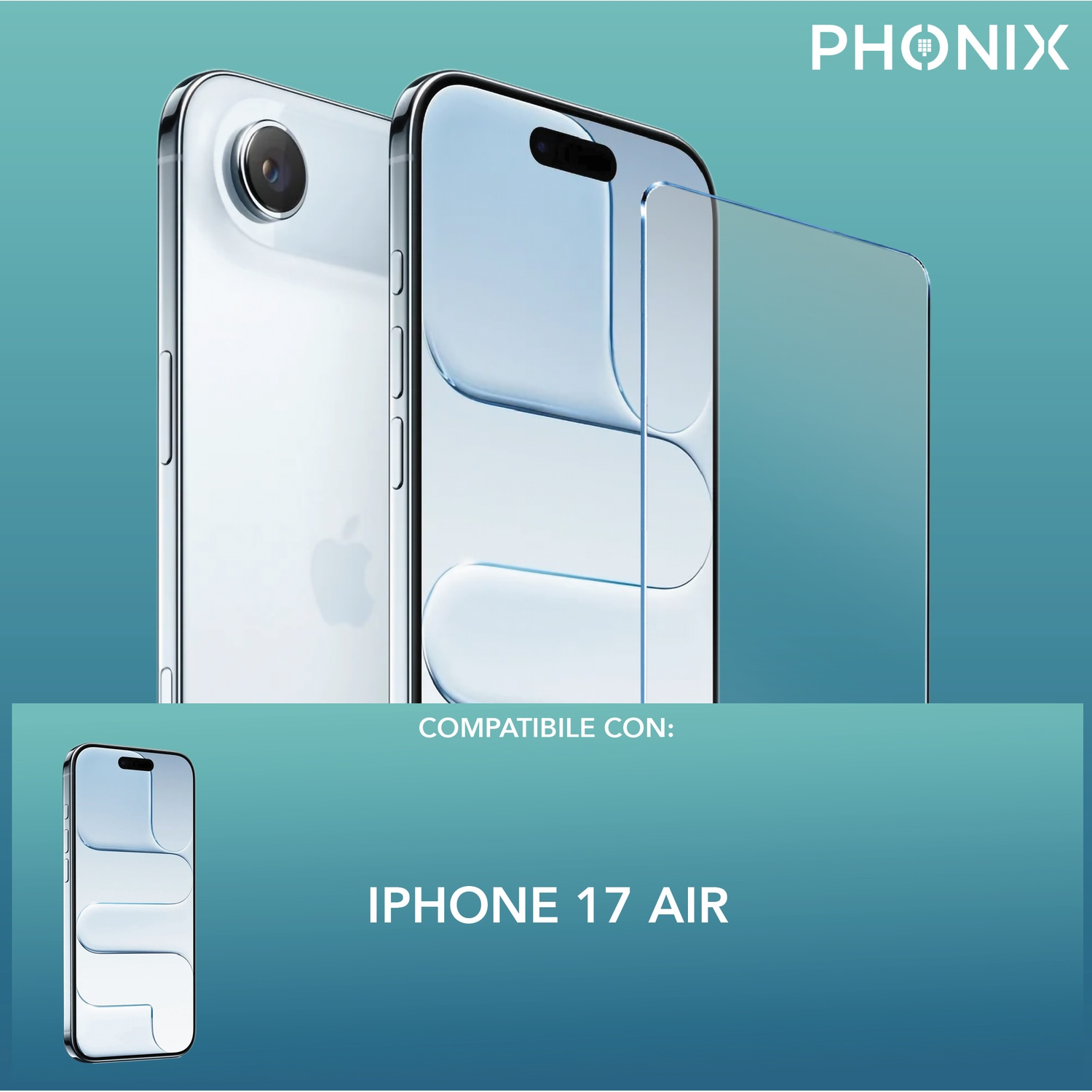 Due smartphone bianchi con protezione in vetro, sfondo blu. Testo: Compatibile con iPhone 17 Air.
