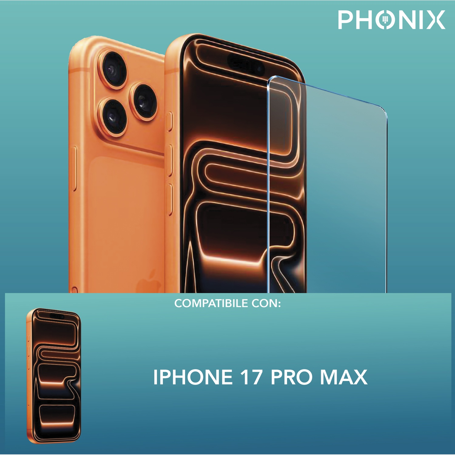 Un iPhone arancione con protezione schermo. Il testo dice compatibile con iPhone 17 Pro Max.