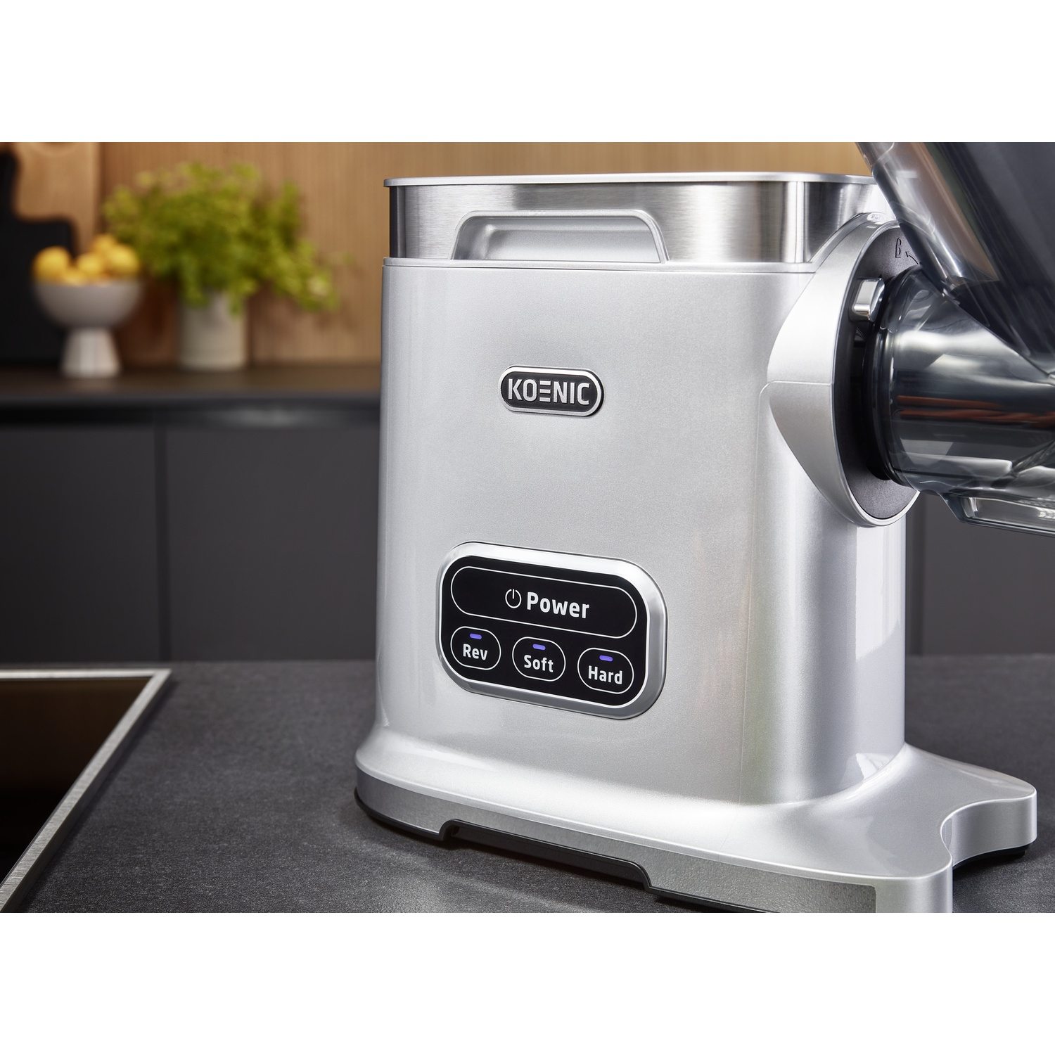 Un robot da cucina argentato è su un piano di lavoro. Ha un pulsante di accensione e altre impostazioni. Lo sfondo presenta piante e limoni.