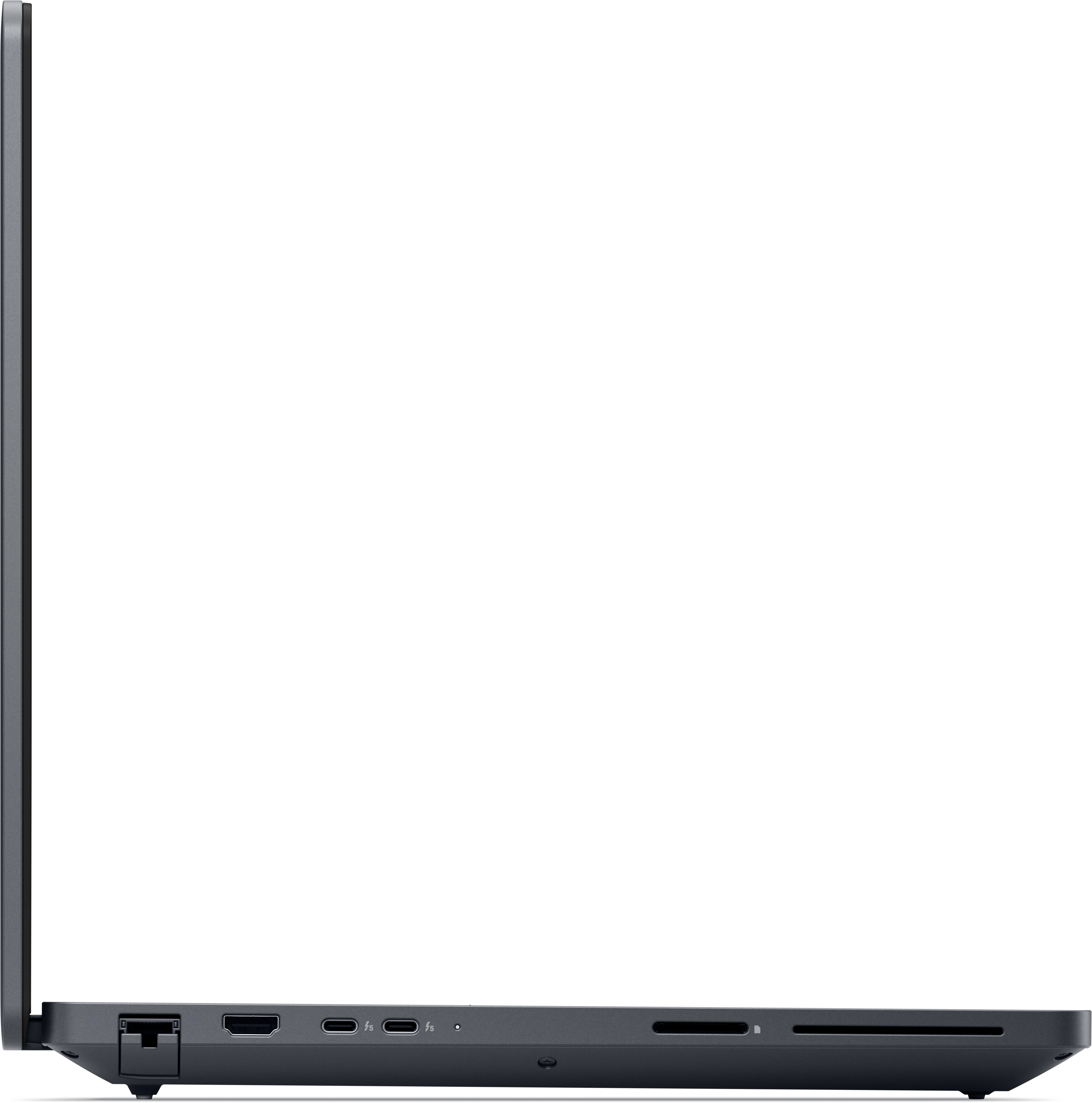 Seitenansicht eines dunkelgrauen Laptops. Anschlüsse sind Ethernet, HDMI, USB-C und ein Kartenleser.