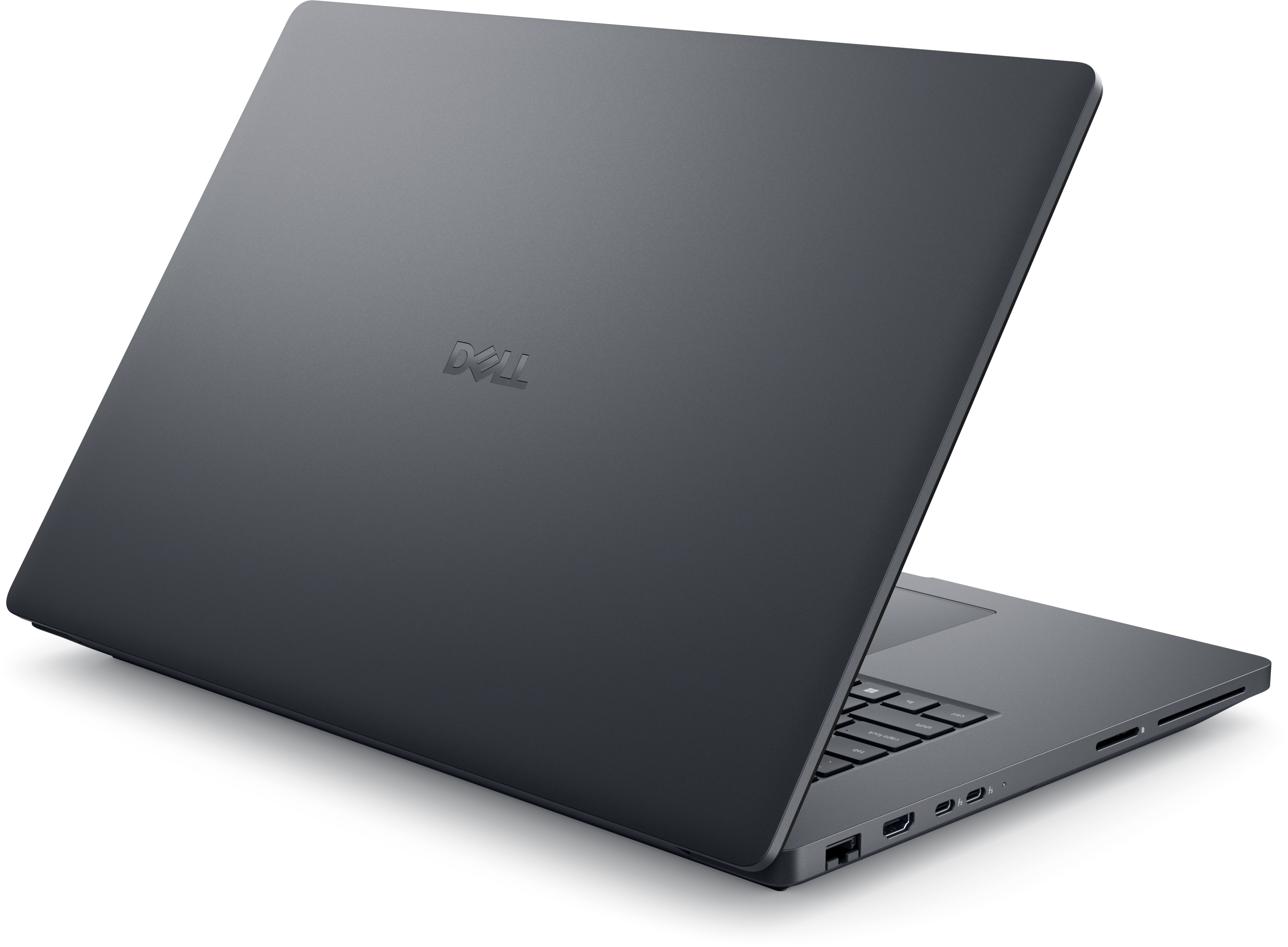 Ein dunkelgraues Dell-Laptop, teilweise geöffnet, zeigt die Tastatur und Anschlüsse, vor schwarzem Hintergrund.