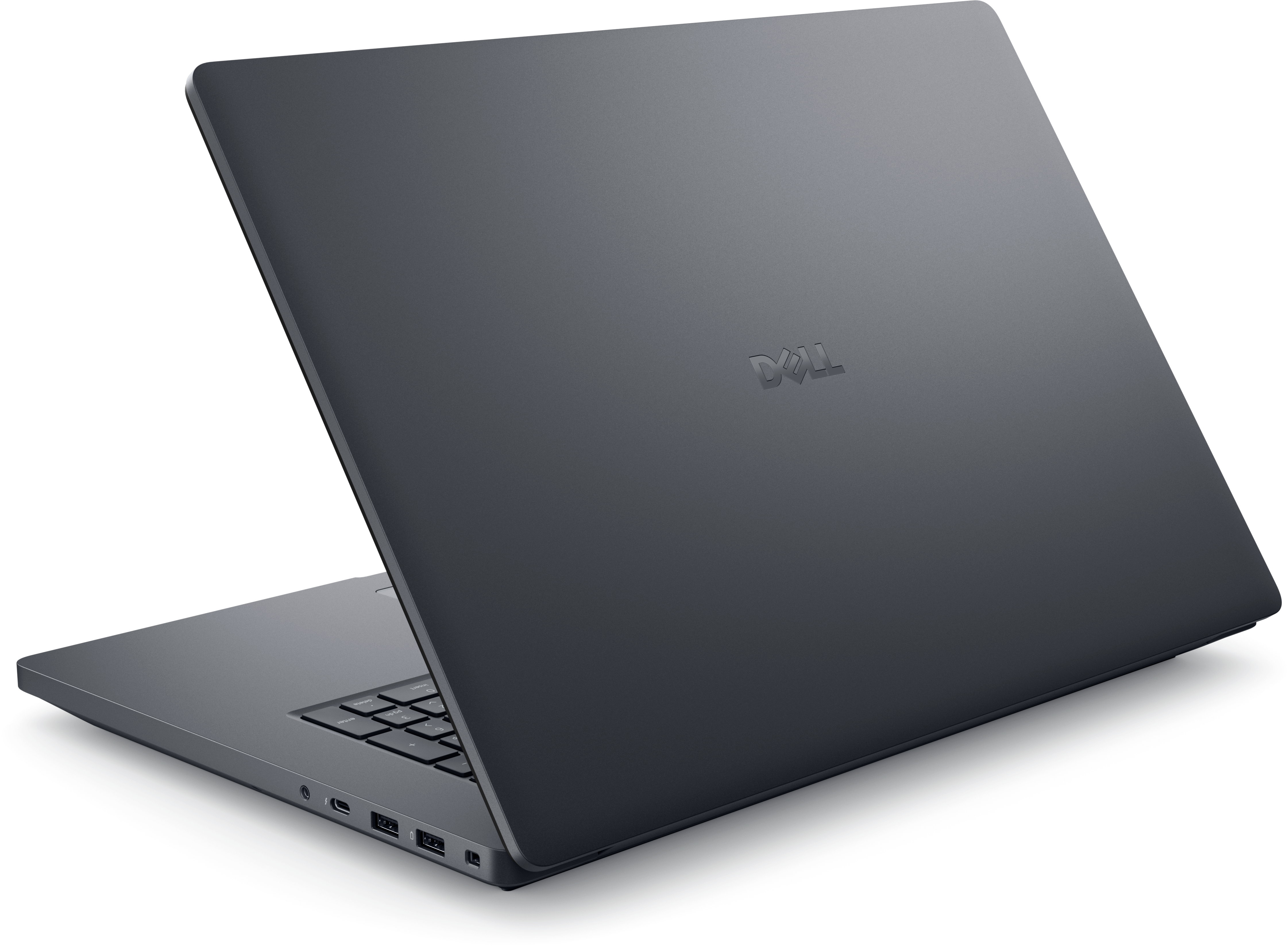 Ein grauer Dell-Laptop ist geöffnet. Das Dell-Logo ist sichtbar. Der Hintergrund ist schwarz.