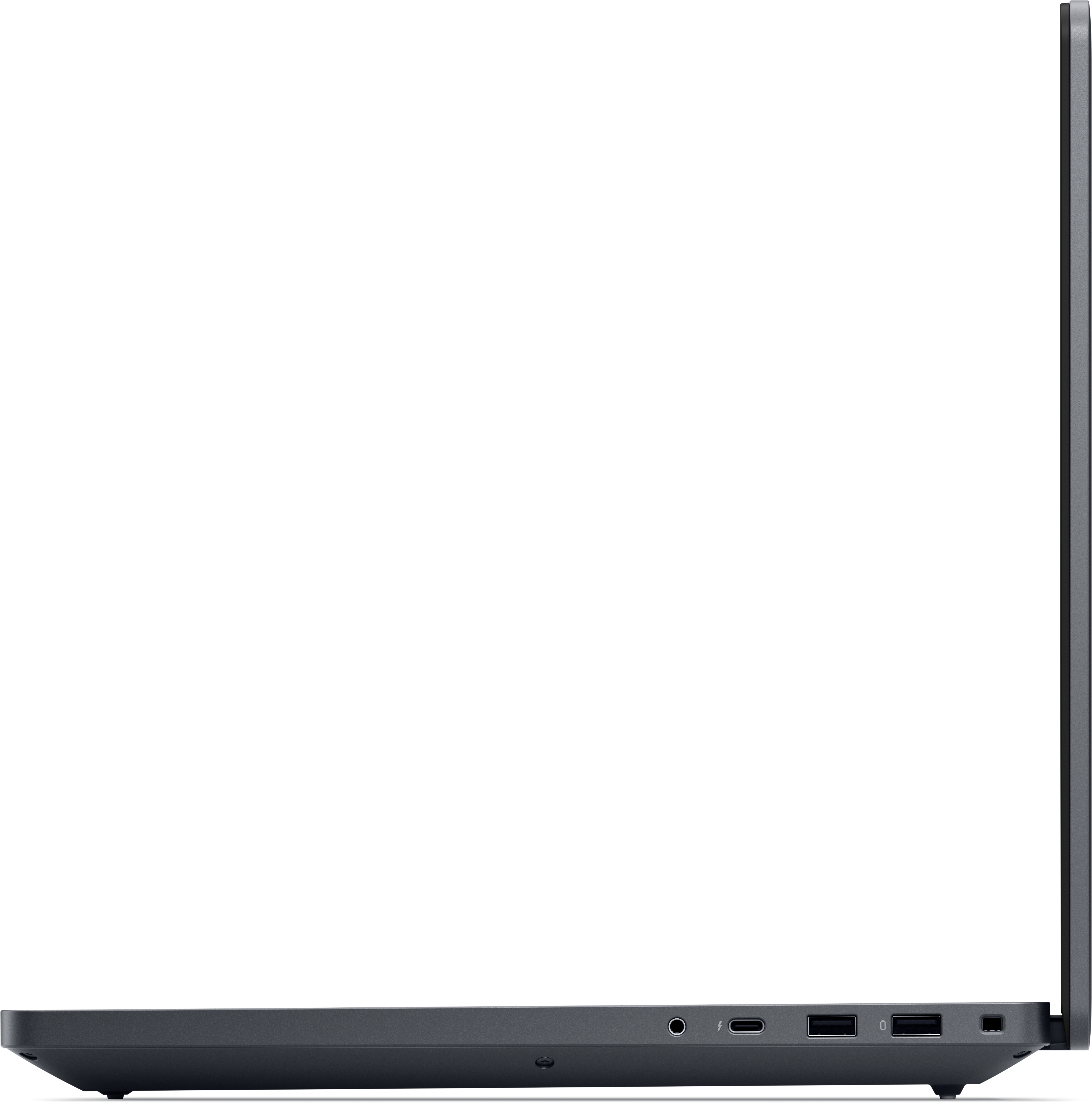 Seitenansicht eines Laptops. Anschlüsse an der Seite: USB, Audio, Strom.