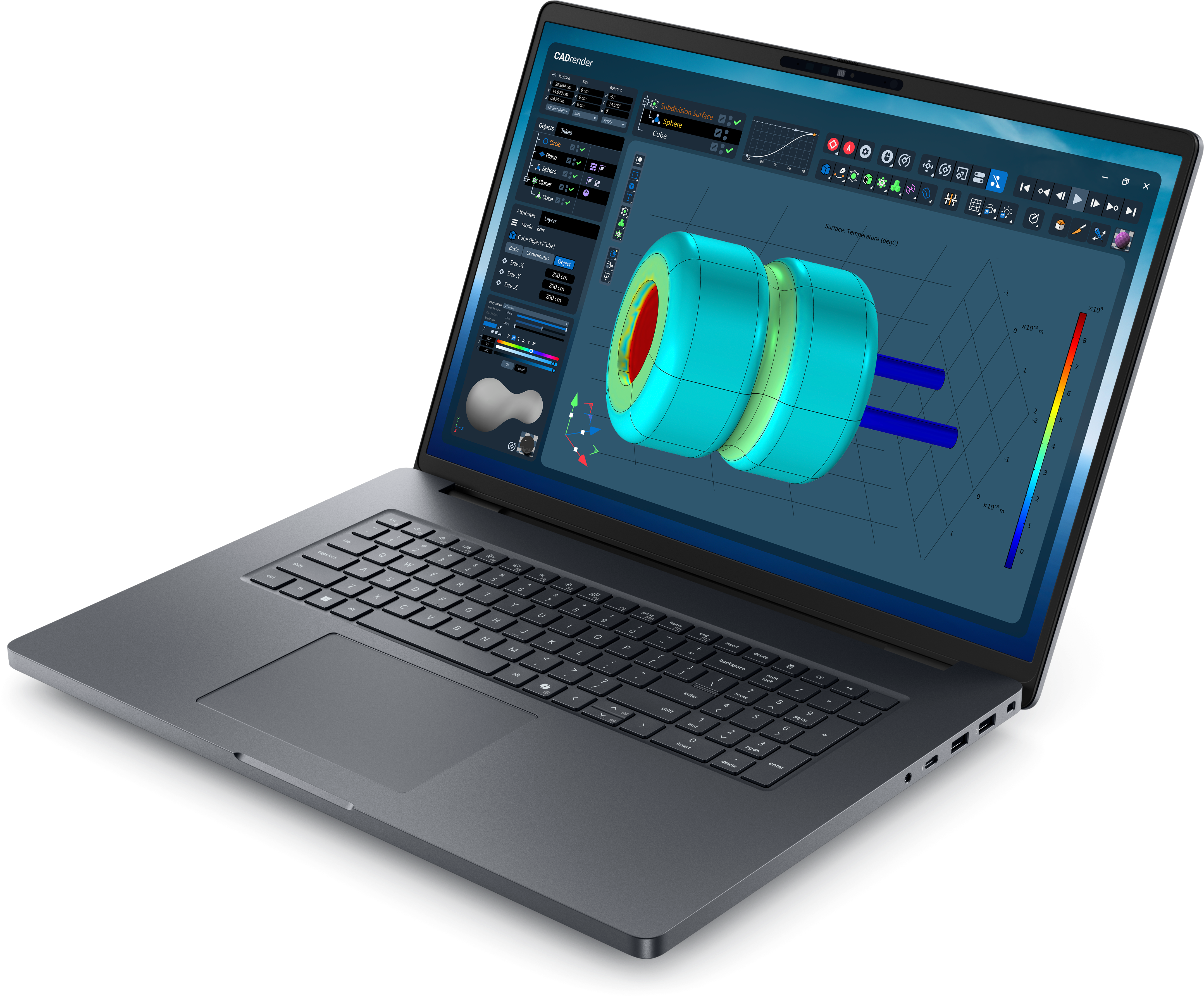 Laptop mit 3D-Modell, rot-zentriertem, türkisfarbenem Objekt und blauen Zylindern auf schwarzem Grund.