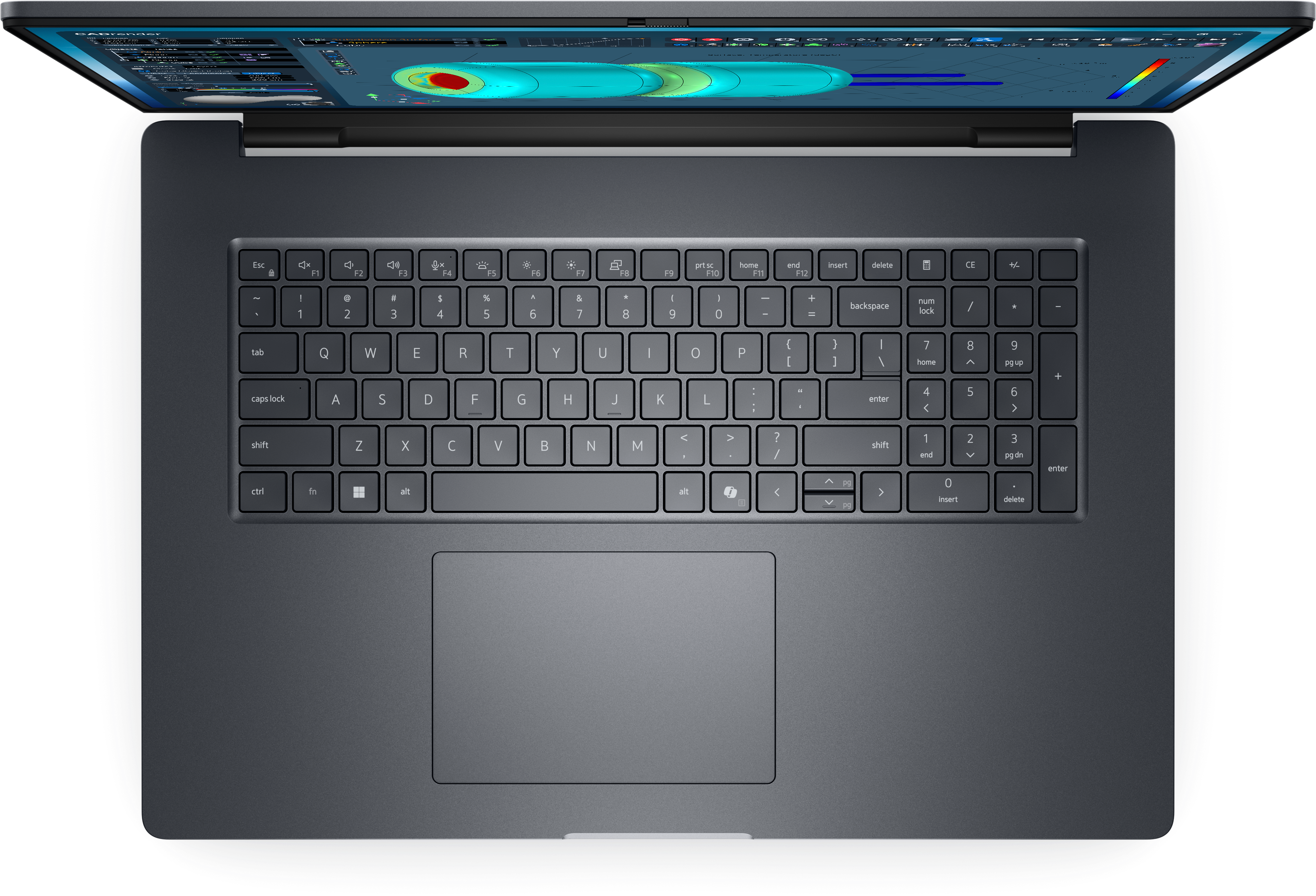 Draufsicht auf einen Laptop, der Tastatur und Bildschirm mit Datenvisualisierung zeigt.